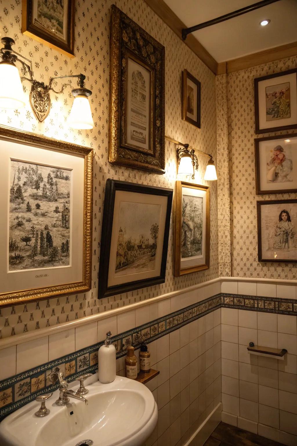 A bathroom that has vintage-style prints in fancy frames for a classic look.