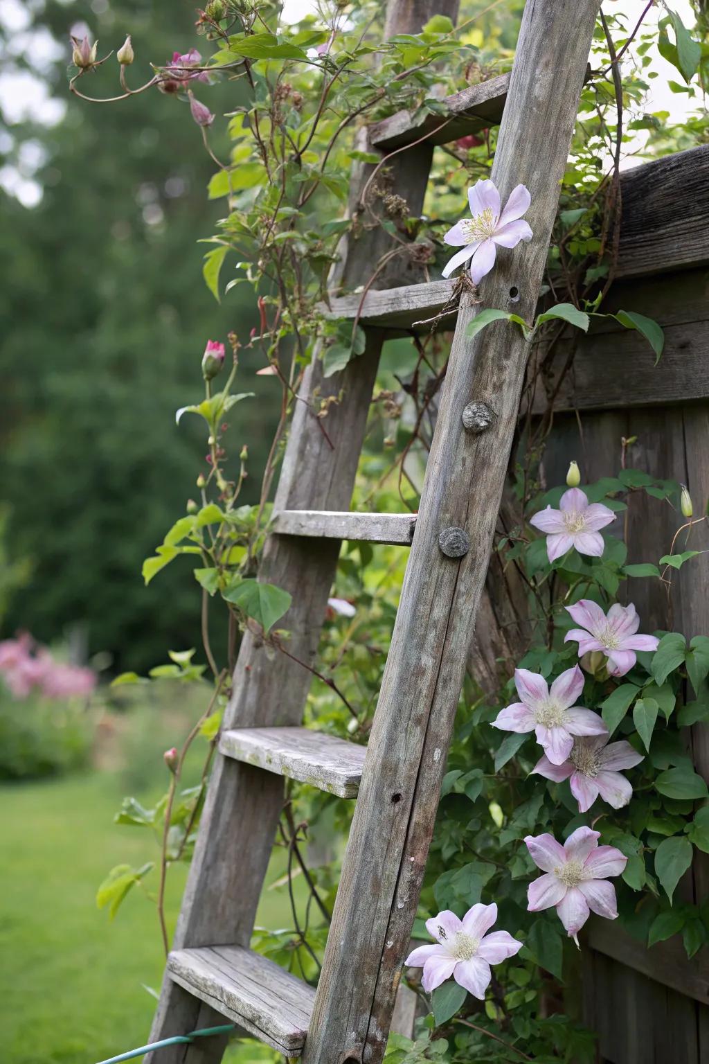 A reused stairway acts as a delightful trellis for clematis development.