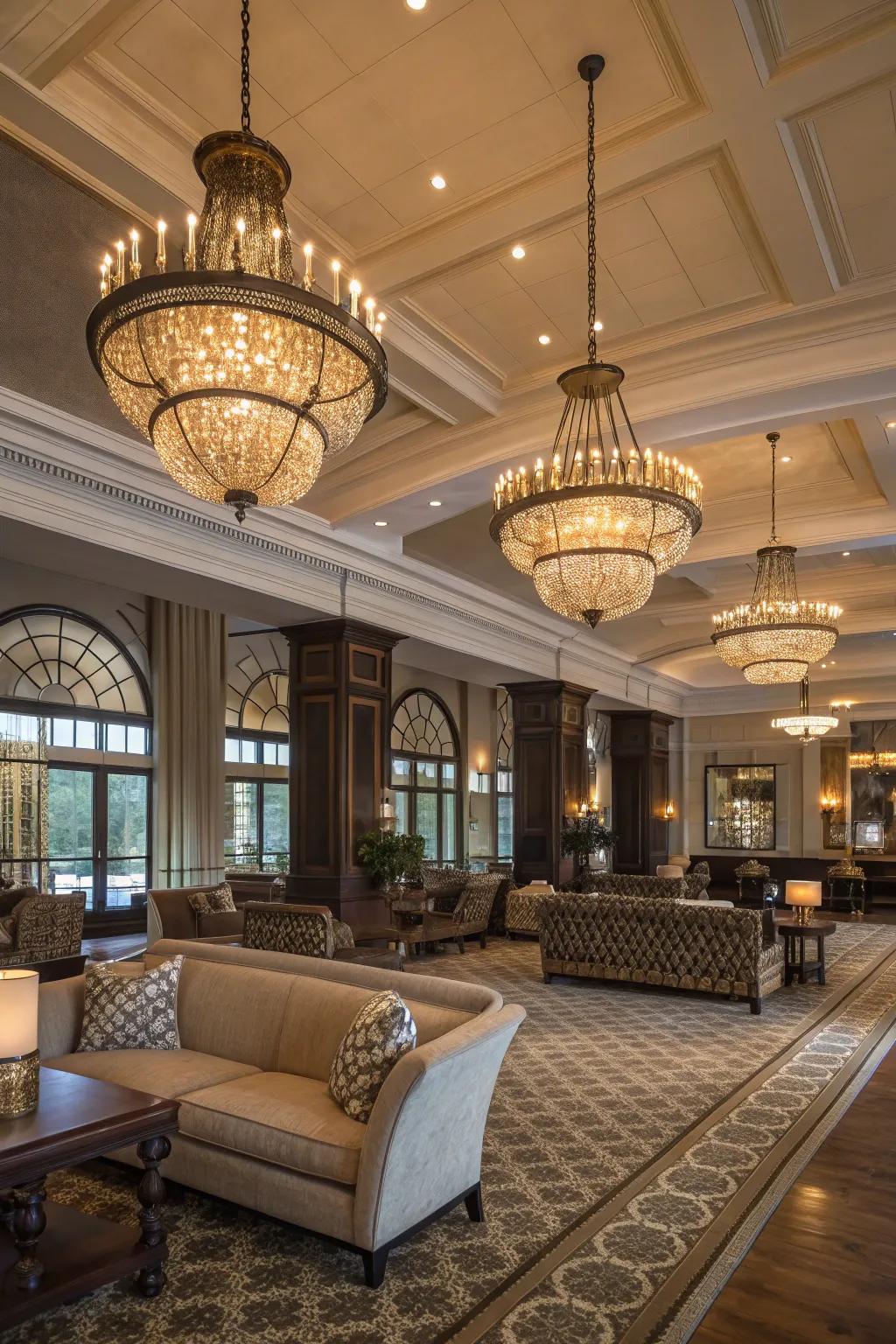 Statement illumination fixtures enhancing elegance inside a clubhouse.