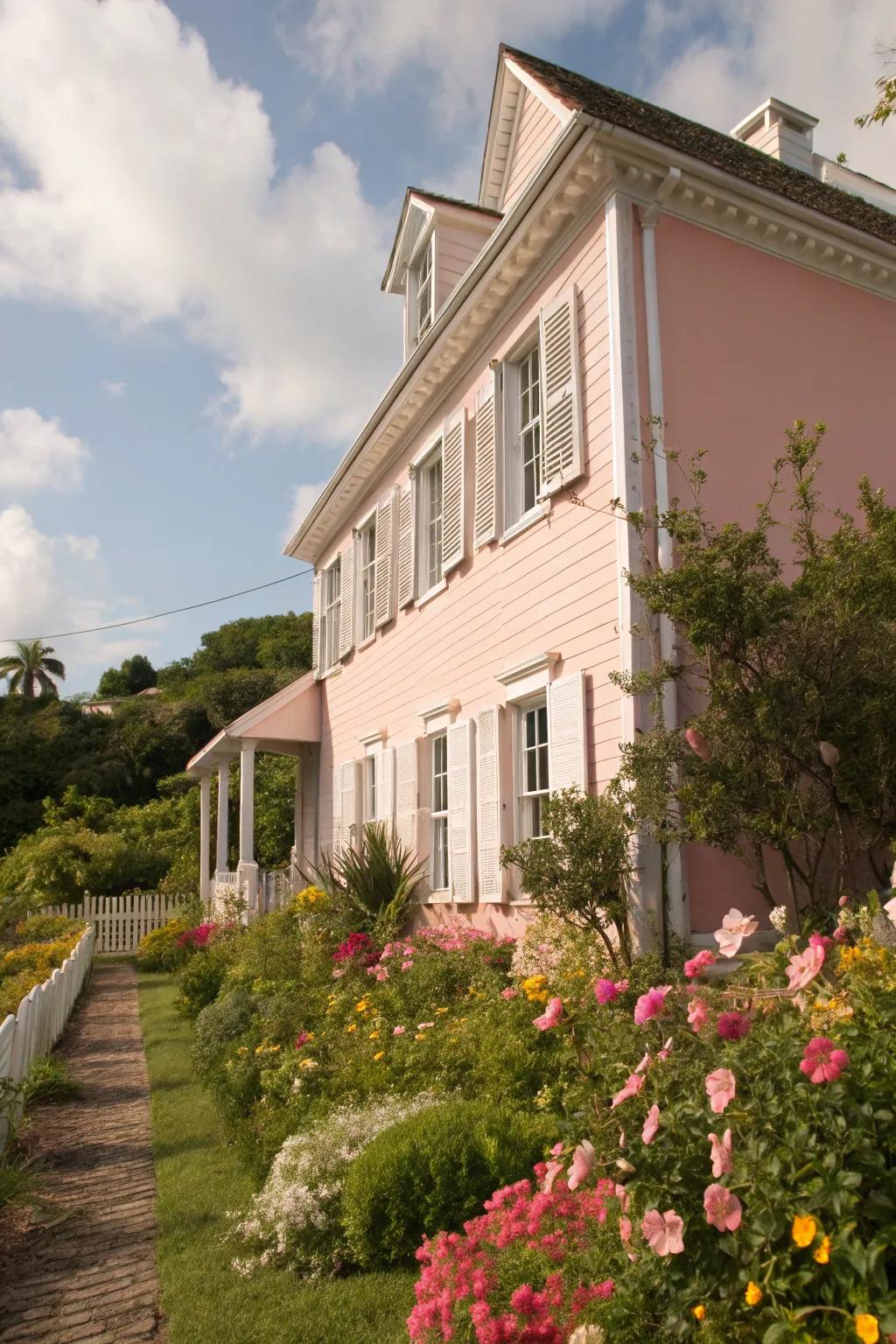 A charming colonial house with a soft, smooth roseate facade and flourishing garden.