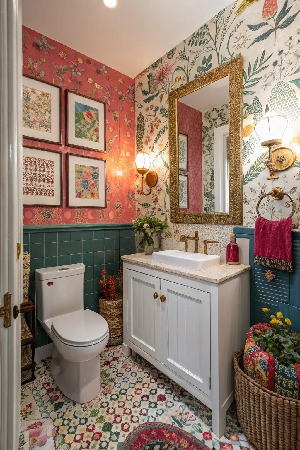A varied collection of aesthetics crafts an individualized guest bathroom.