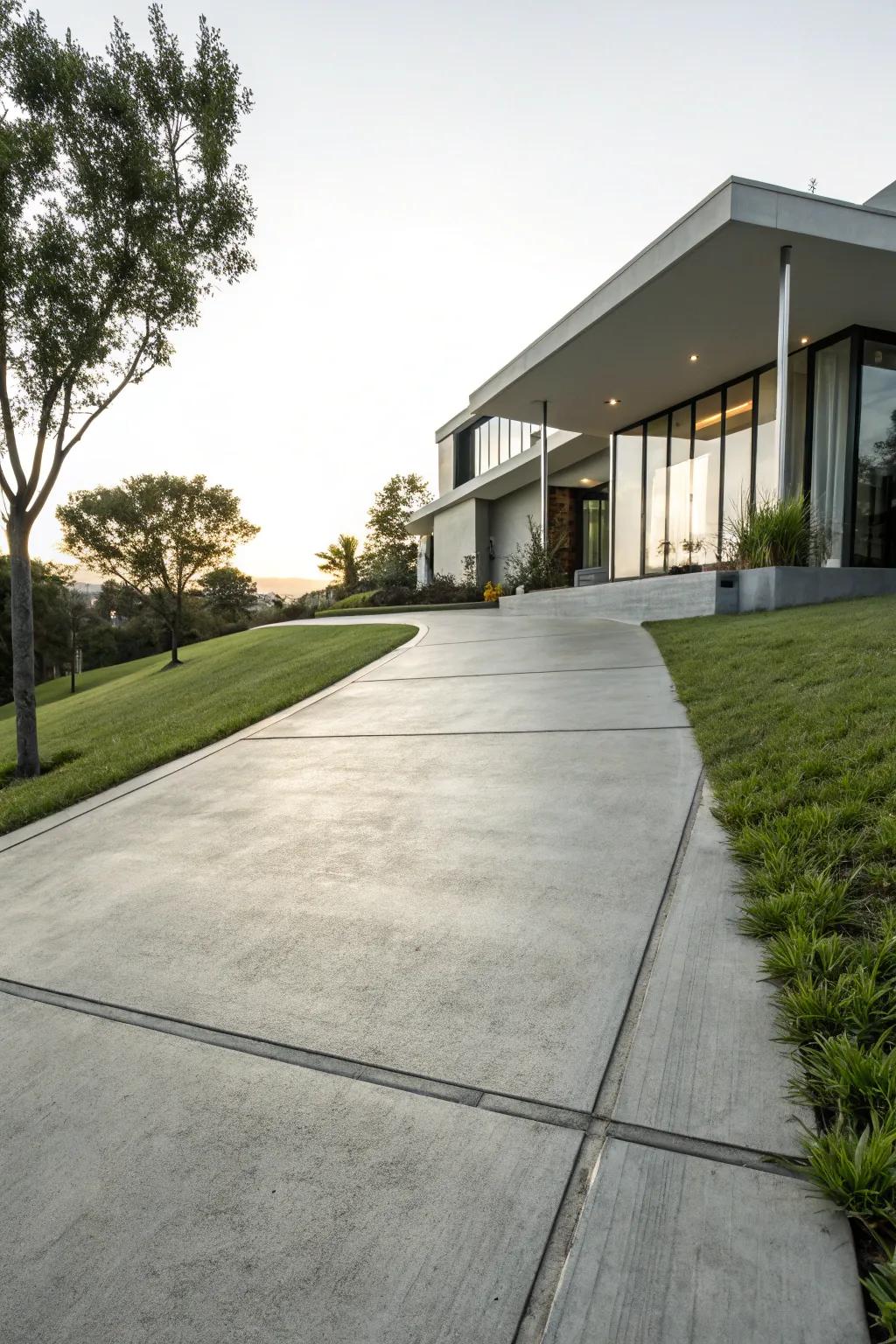 A smooth concrete driveway that exudes modern simplicity, creating an atmosphere of understated elegance.