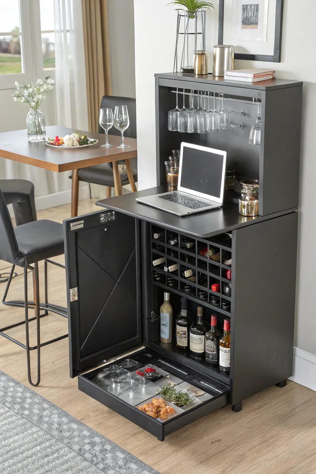 An adaptable bar offers versatility for smaller spaces.