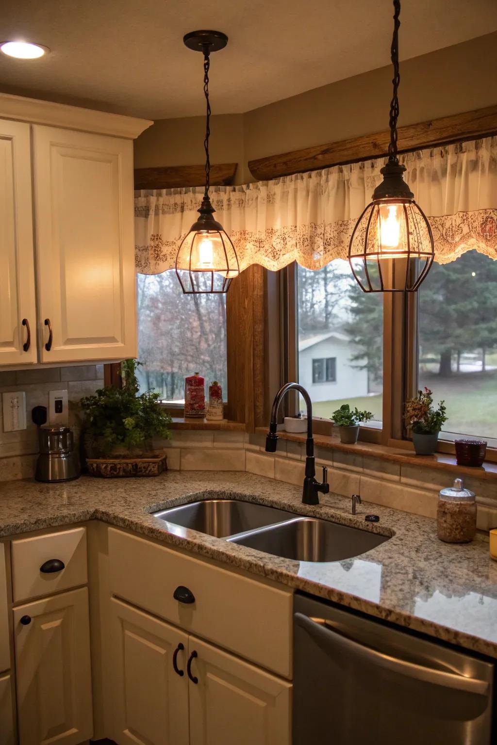 Pendant lighting hanging over a corner sink, improving both function and ambiance.