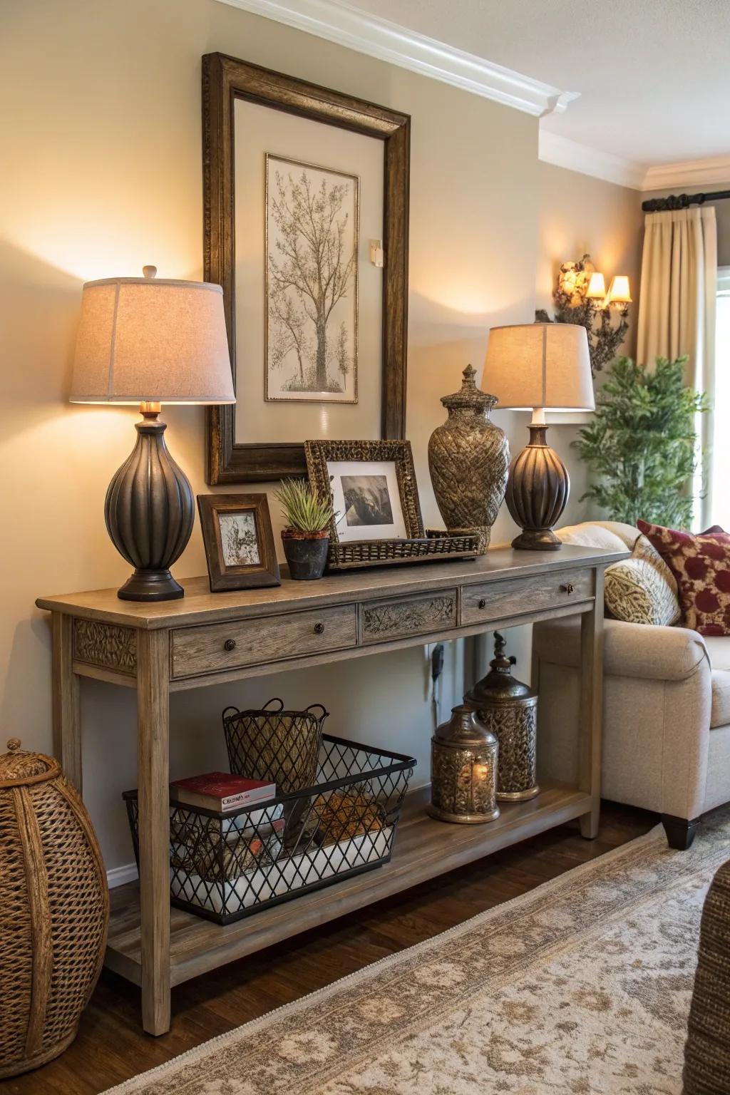 A console table offers a stylish area for display and practical storage.