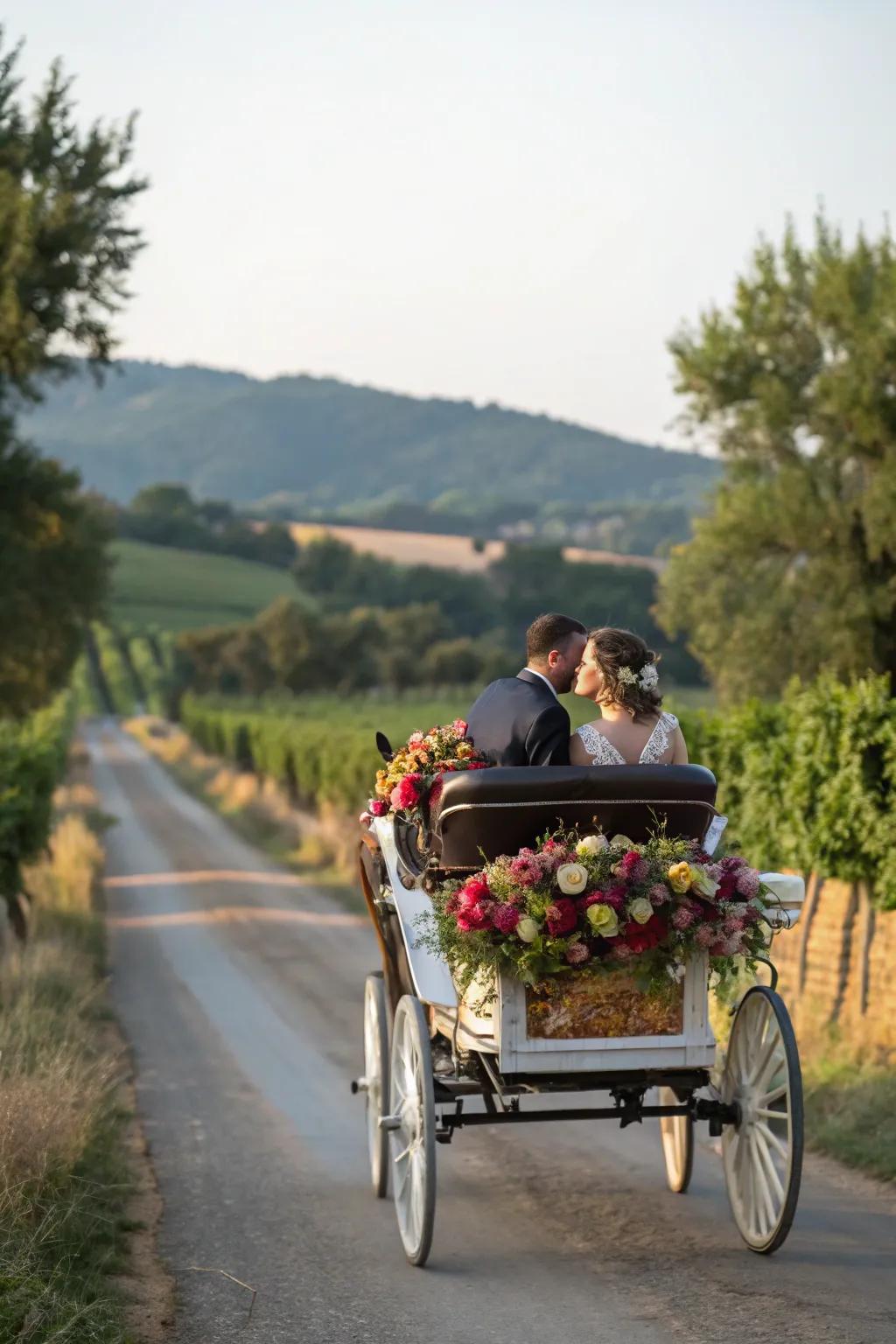A captivating horse-pulled carriage suited for a countryside nuptial.