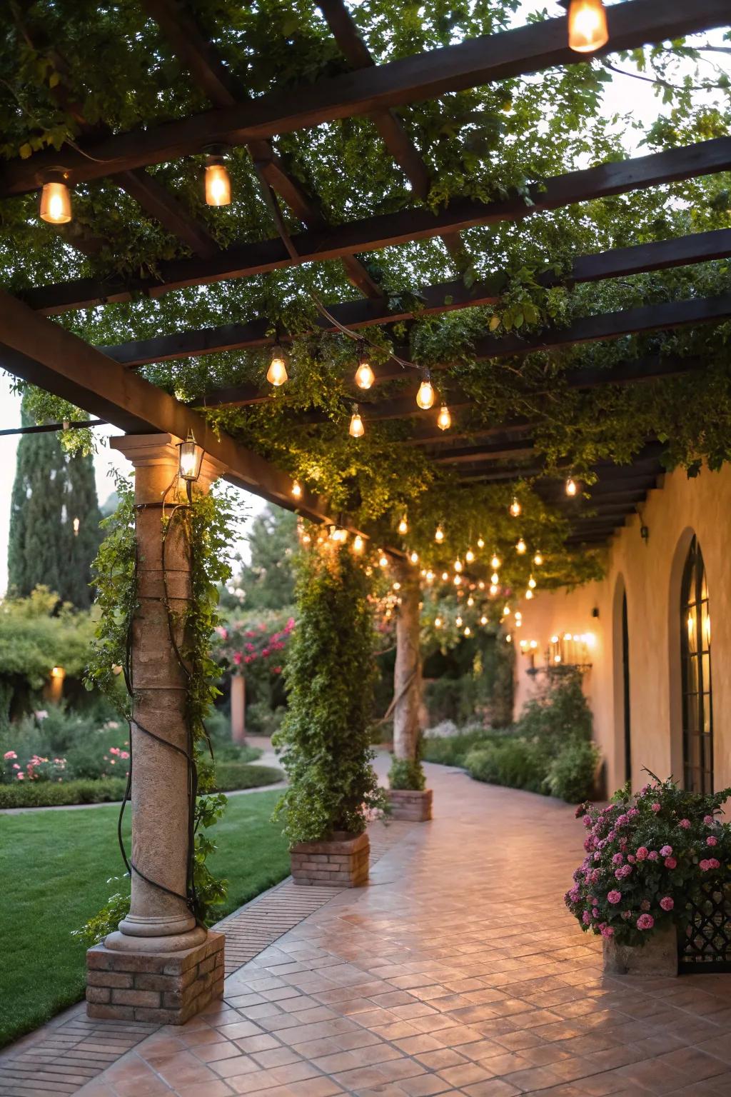 Hanging lights craft a captivating ambiance underneath the garden archway.