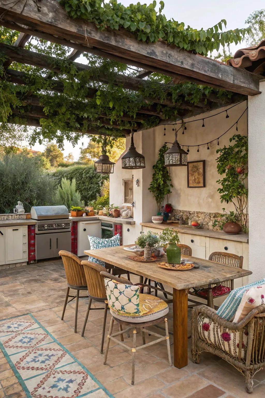 A vintage-inspired open-air kitchen with assorted touches and appeal.