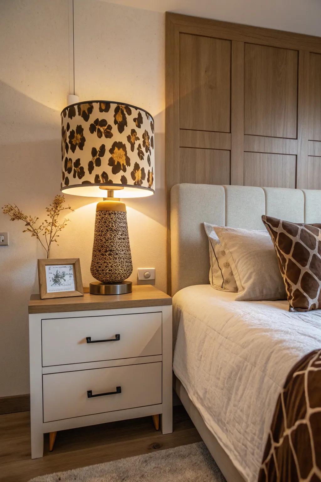 A cow print lampshade adds a whimsical touch to any room.