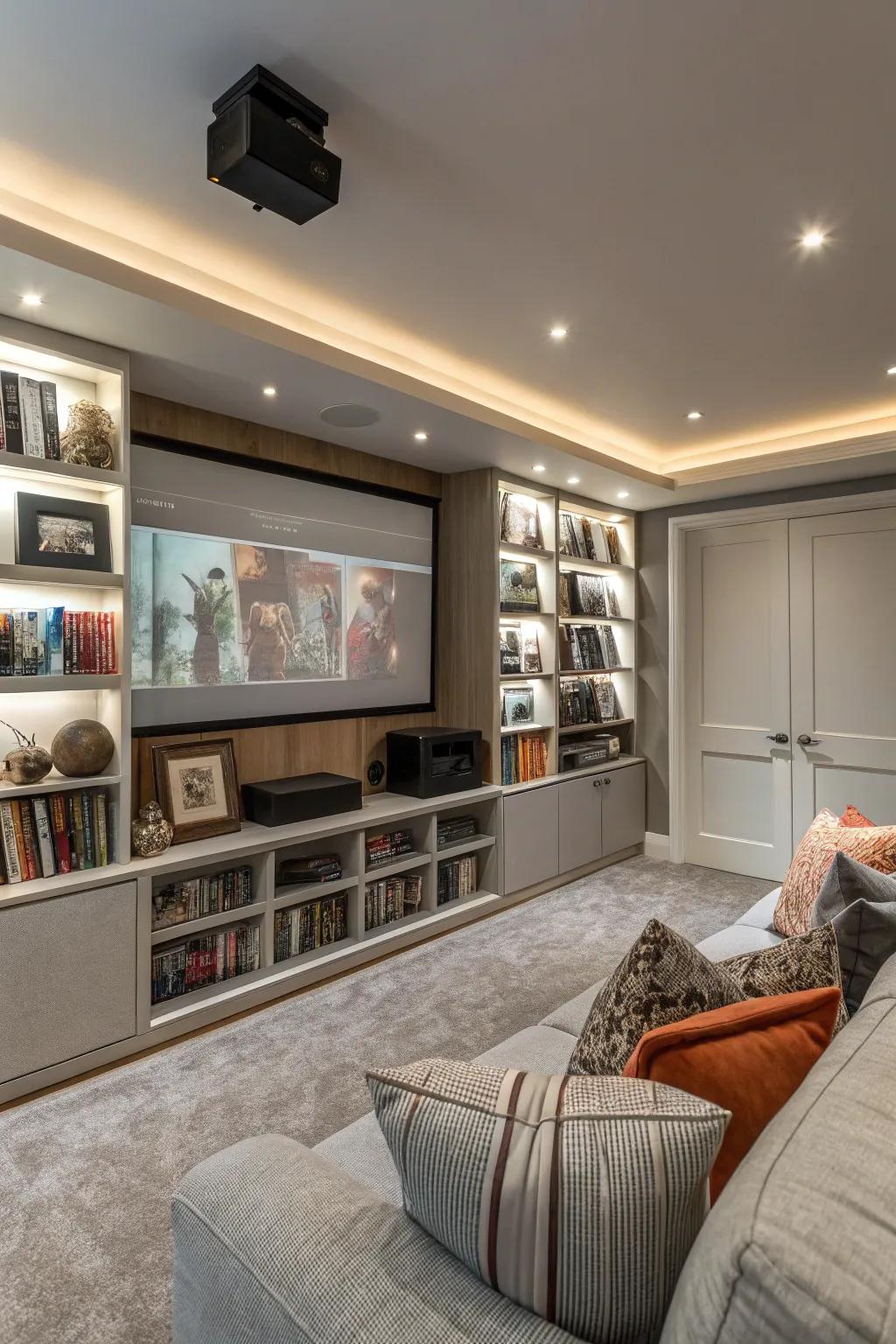 Inset shelving maintains your cinema room’s order and elegance.