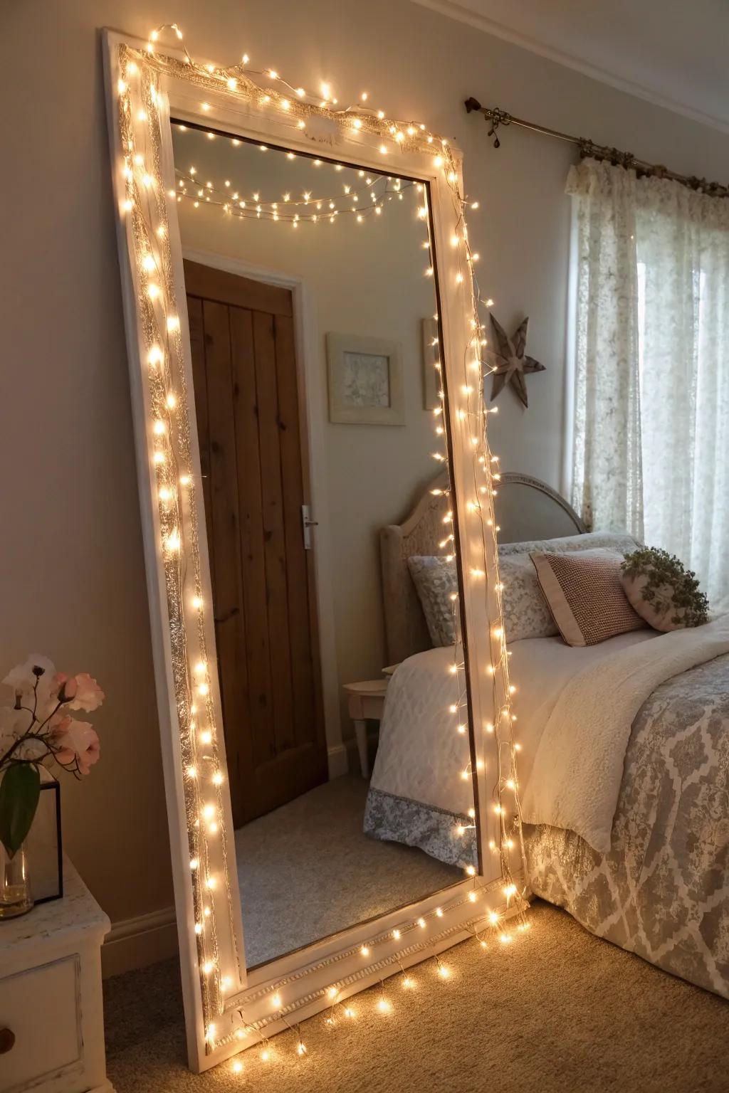 Fairy lights draped around a large mirror.
