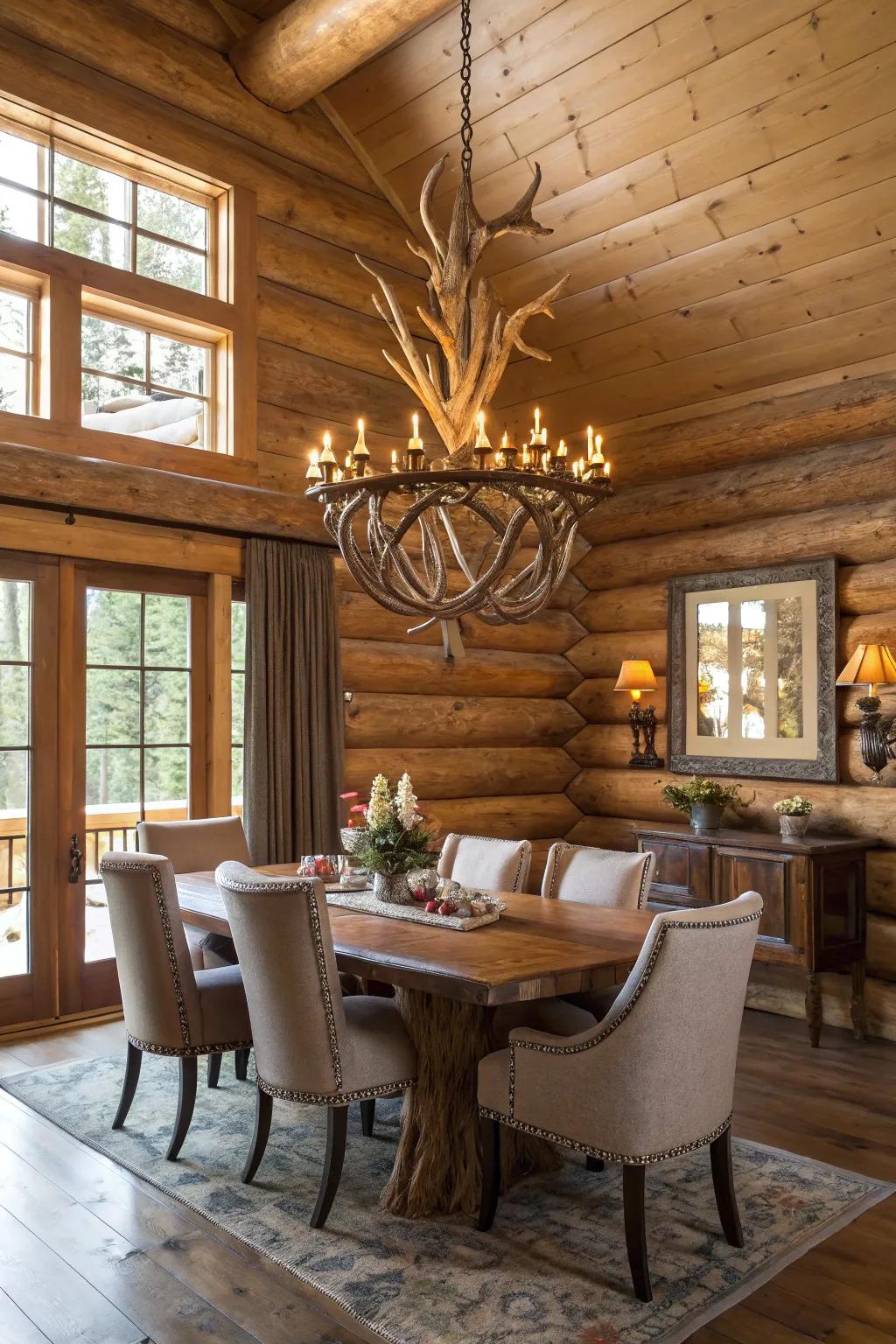 An antler chandelier adds rustic elegance to a log cabin's dining area, creating a focal point that's both captivating and cozy.