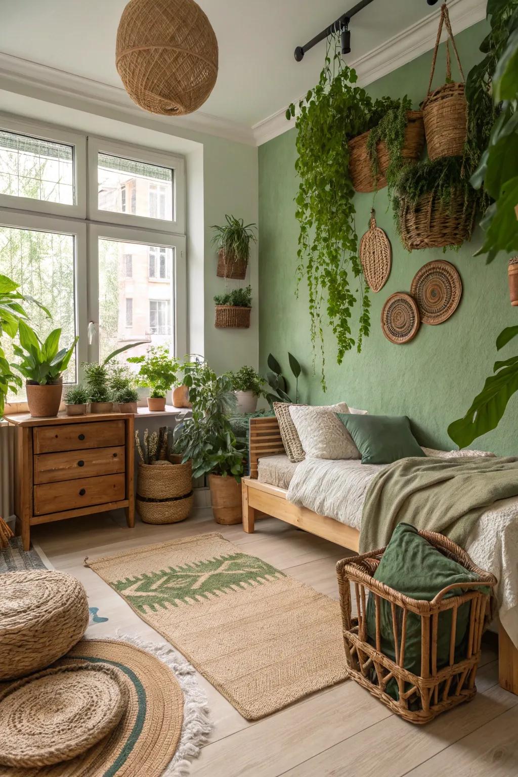 A nature-inspired bedroom featuring abundant greenery and earthy themes.