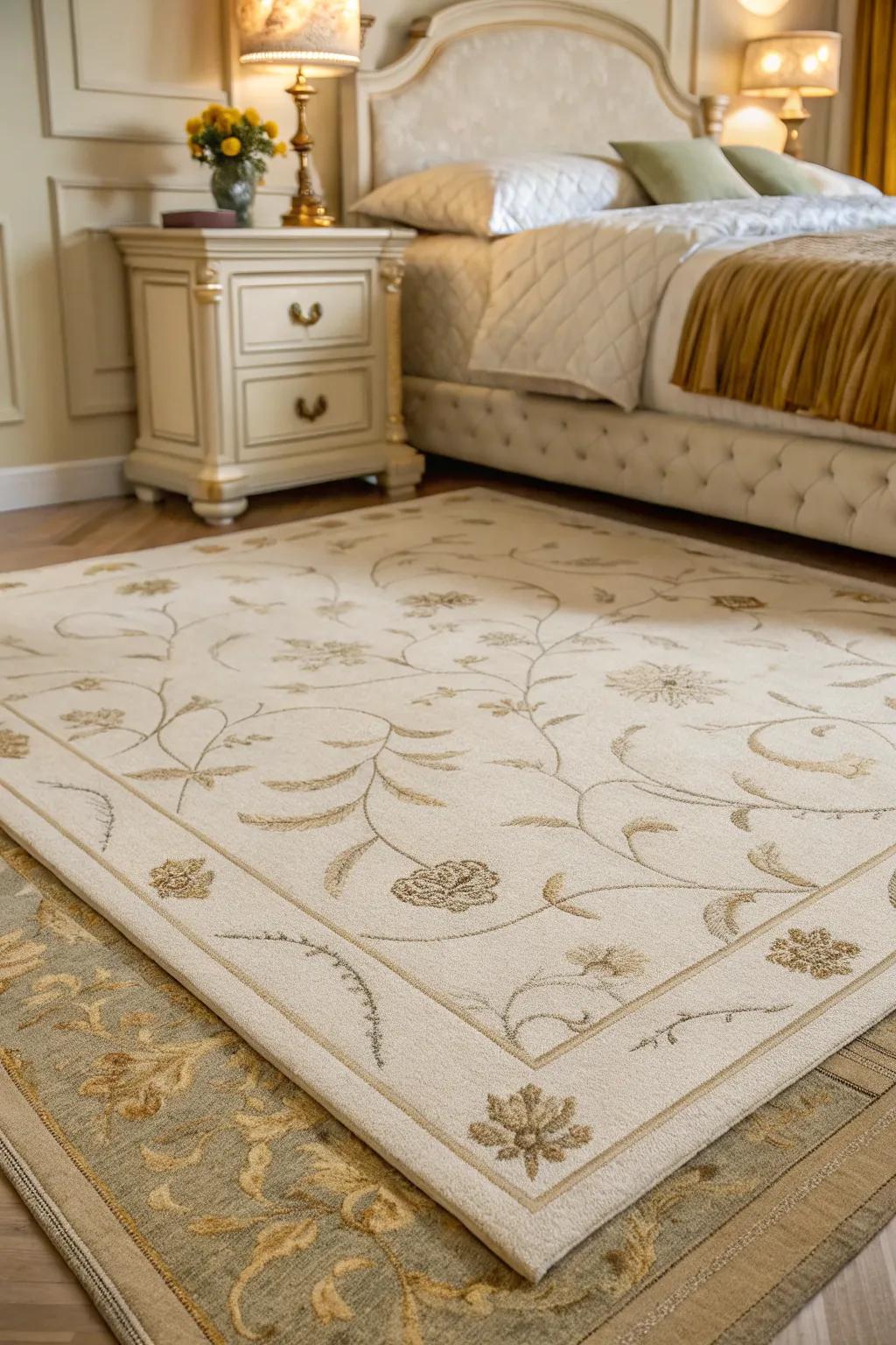 A discreet floor covering enriches comfort and cohesiveness to the boudoir setup.