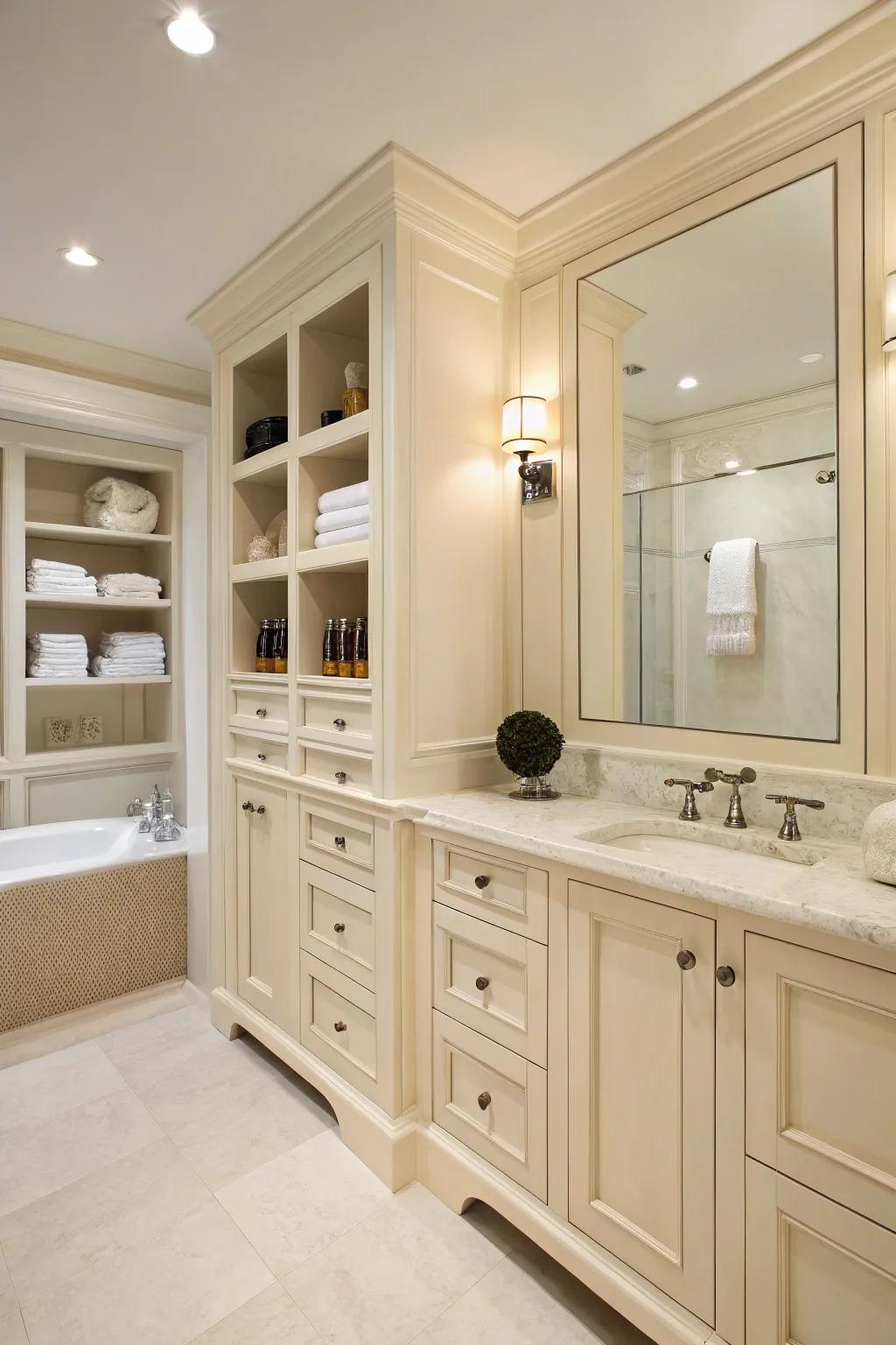 Sufficient storage solutions keep this creamy bathroom organized and calm.