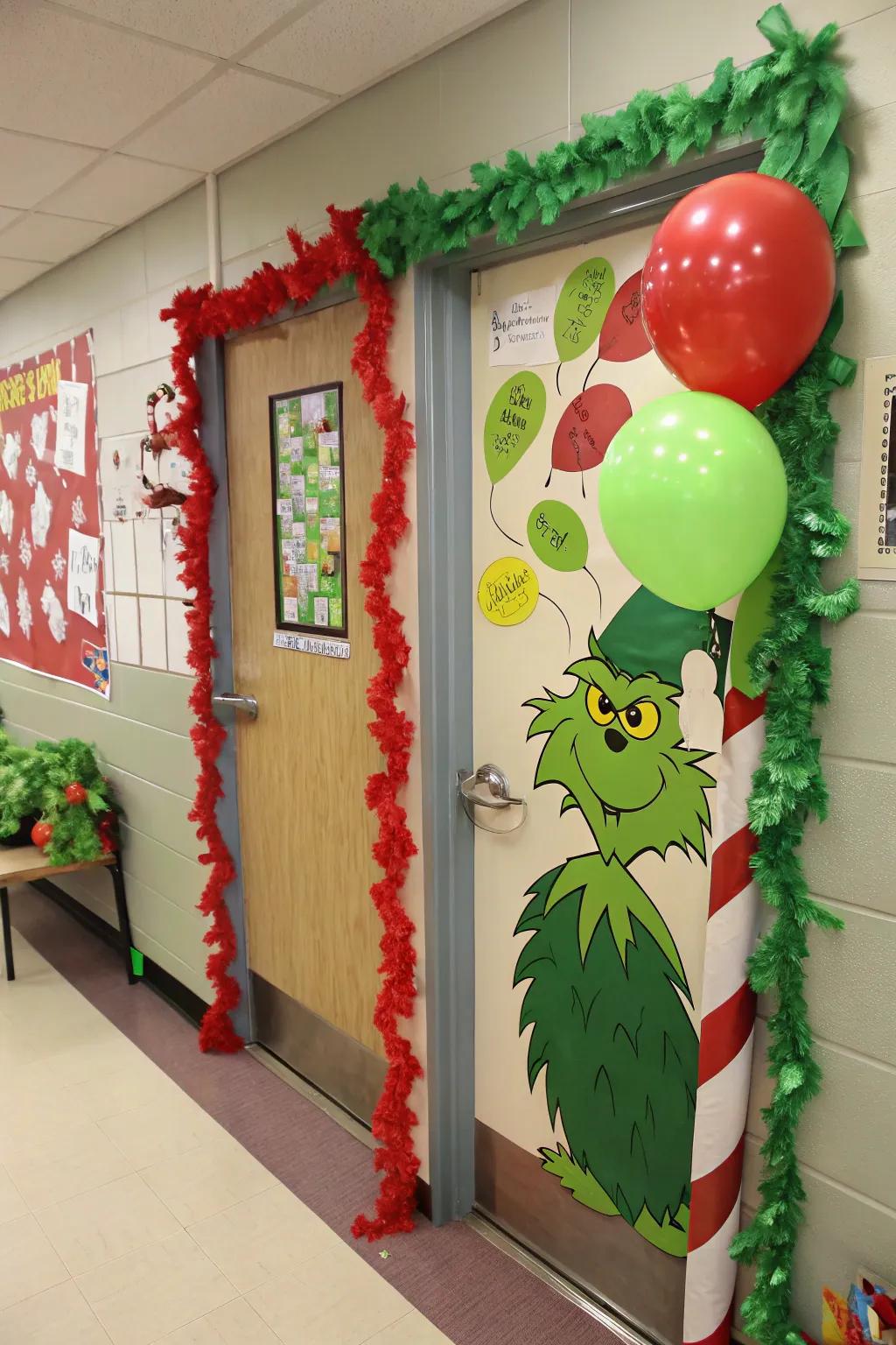 An educational doorway transmuted into a whimsical Whoville vista featuring the Grinch.
