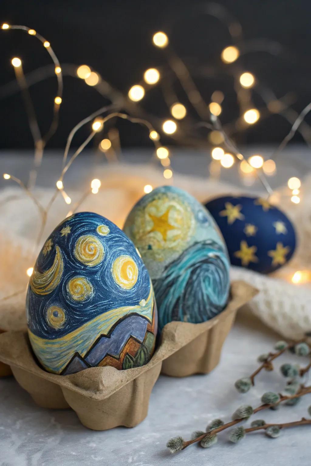 Starry night eggs crafting a dreamy ambiance for evening decor.