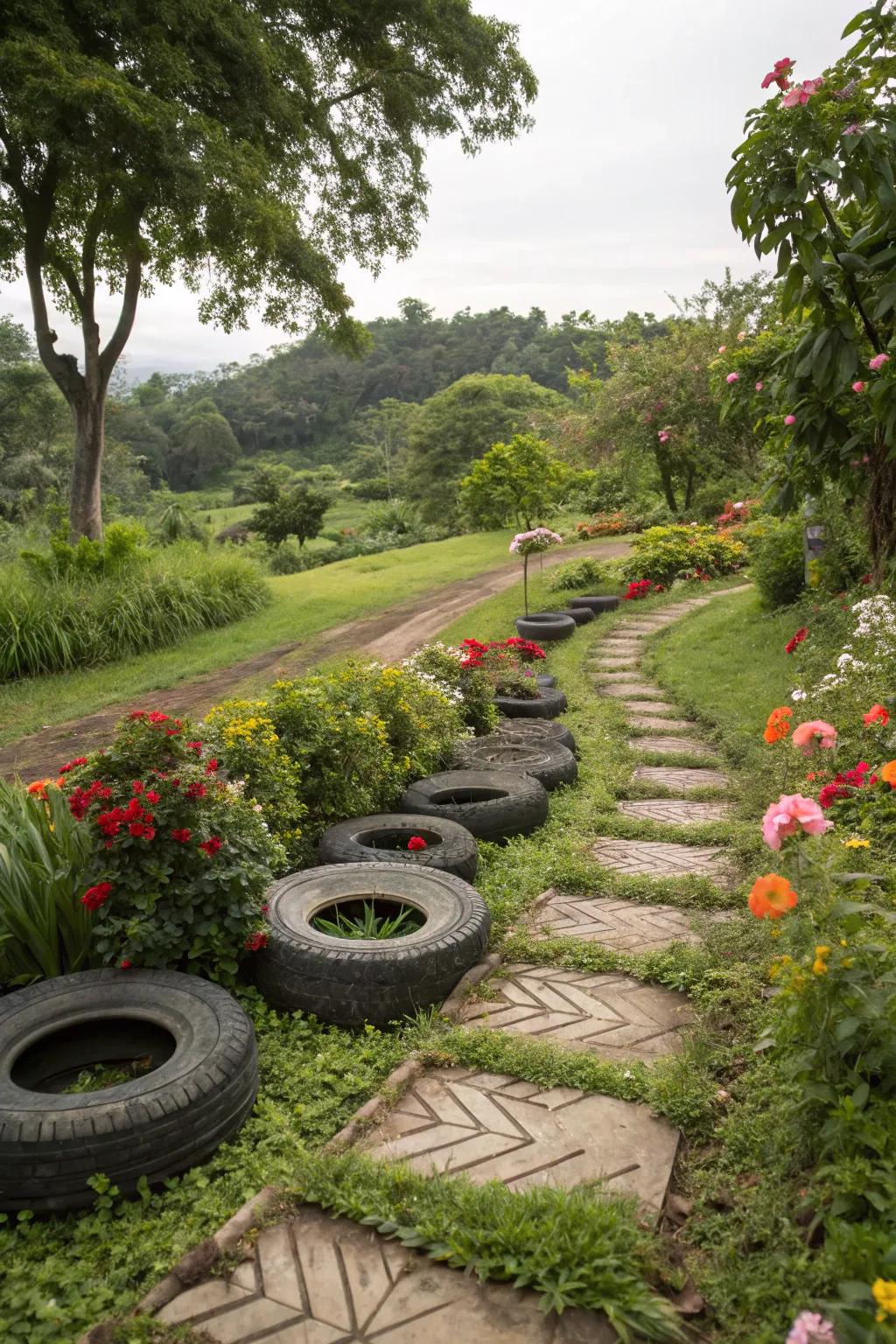 Creative tire pathway guiding through the garden.