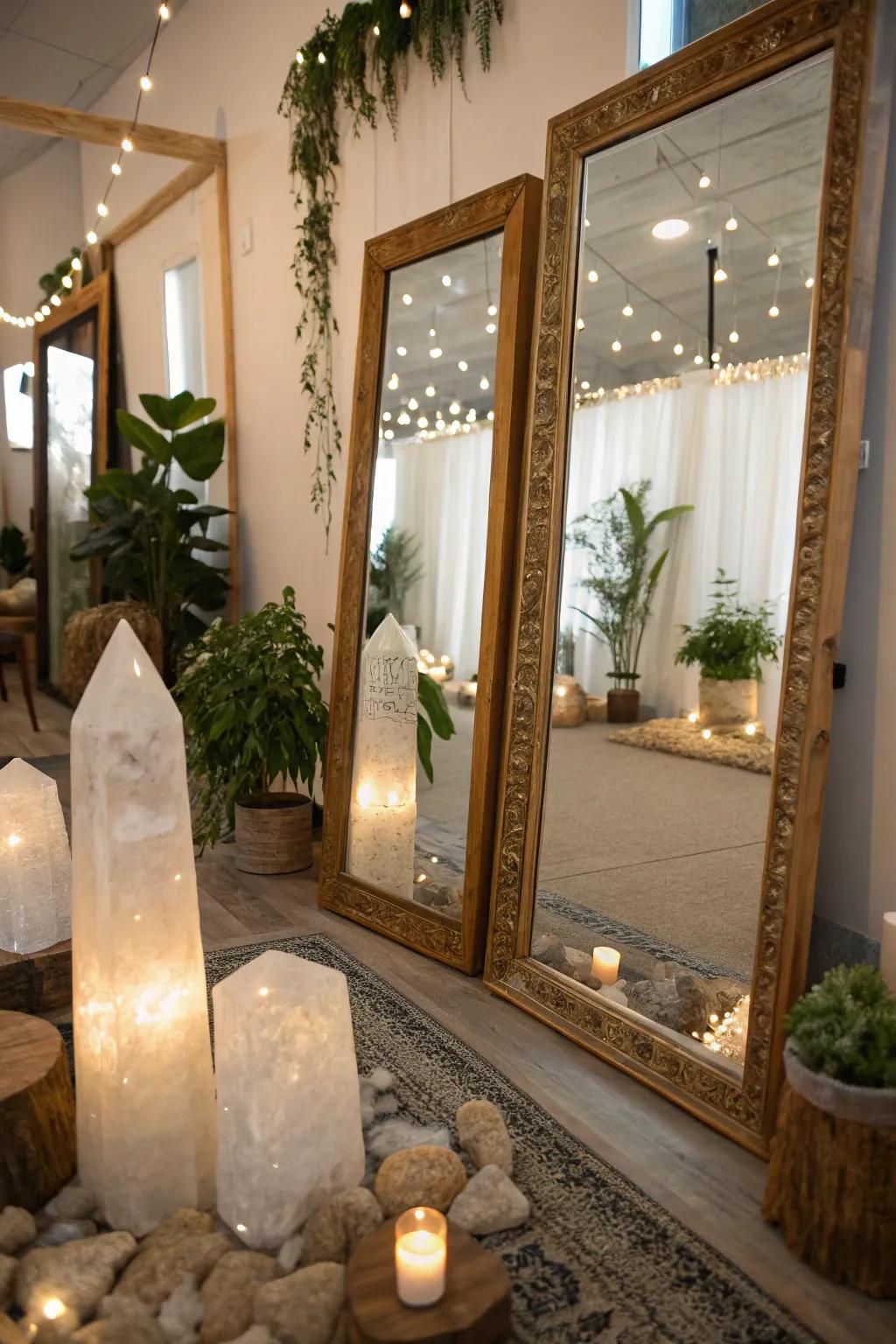 Strategically placed mirrors can significantly enhance light, adding depth and sparkle to your crystal-inspired room.