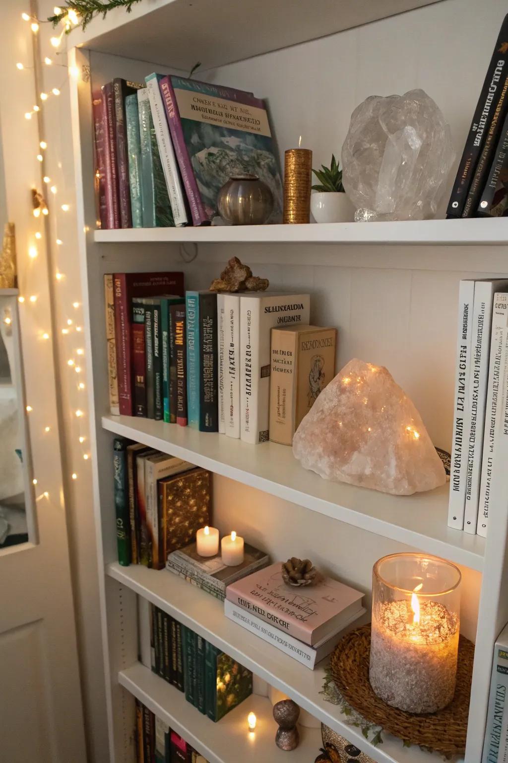 Crystals are seamlessly integrated into a bookshelf display.