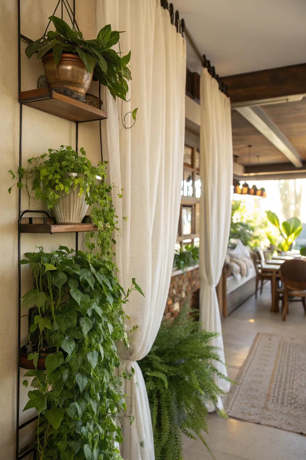 Curtains complemented by lush greenery to create a lively feel.