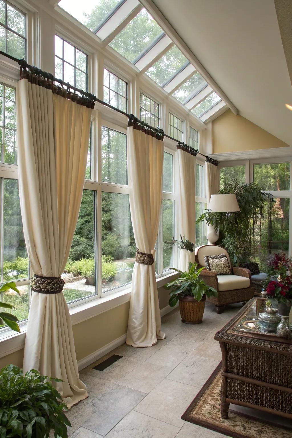 Tiebacks are a cute way to dress up your sunroom curtains.