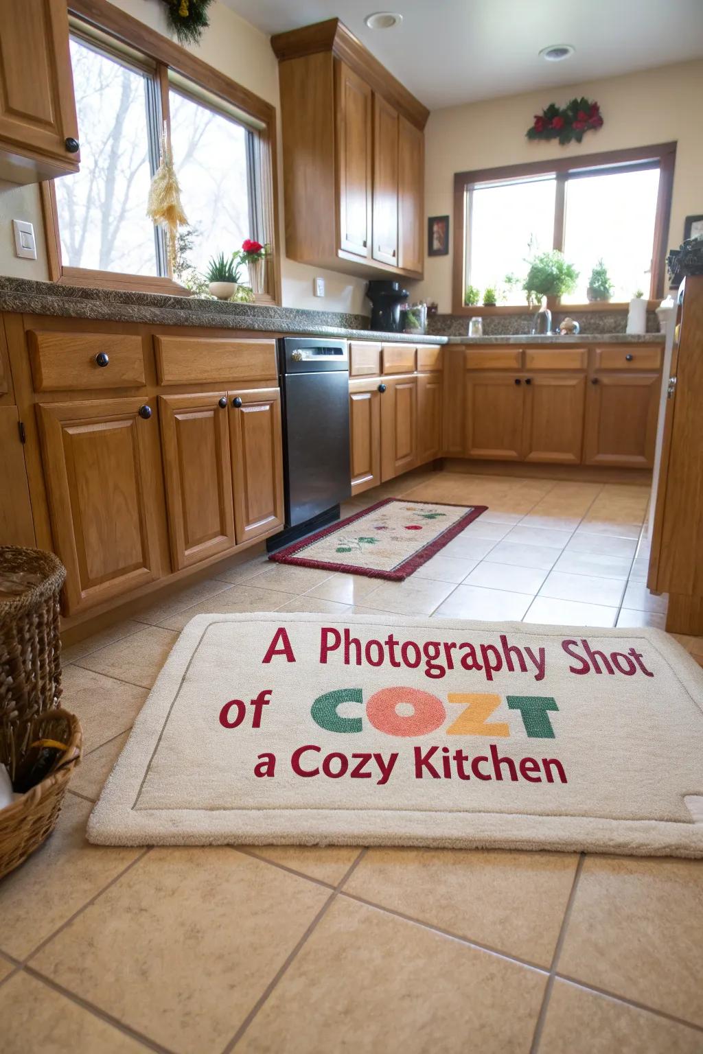 A custom phrase rug adds personality and charm to any kitchen.