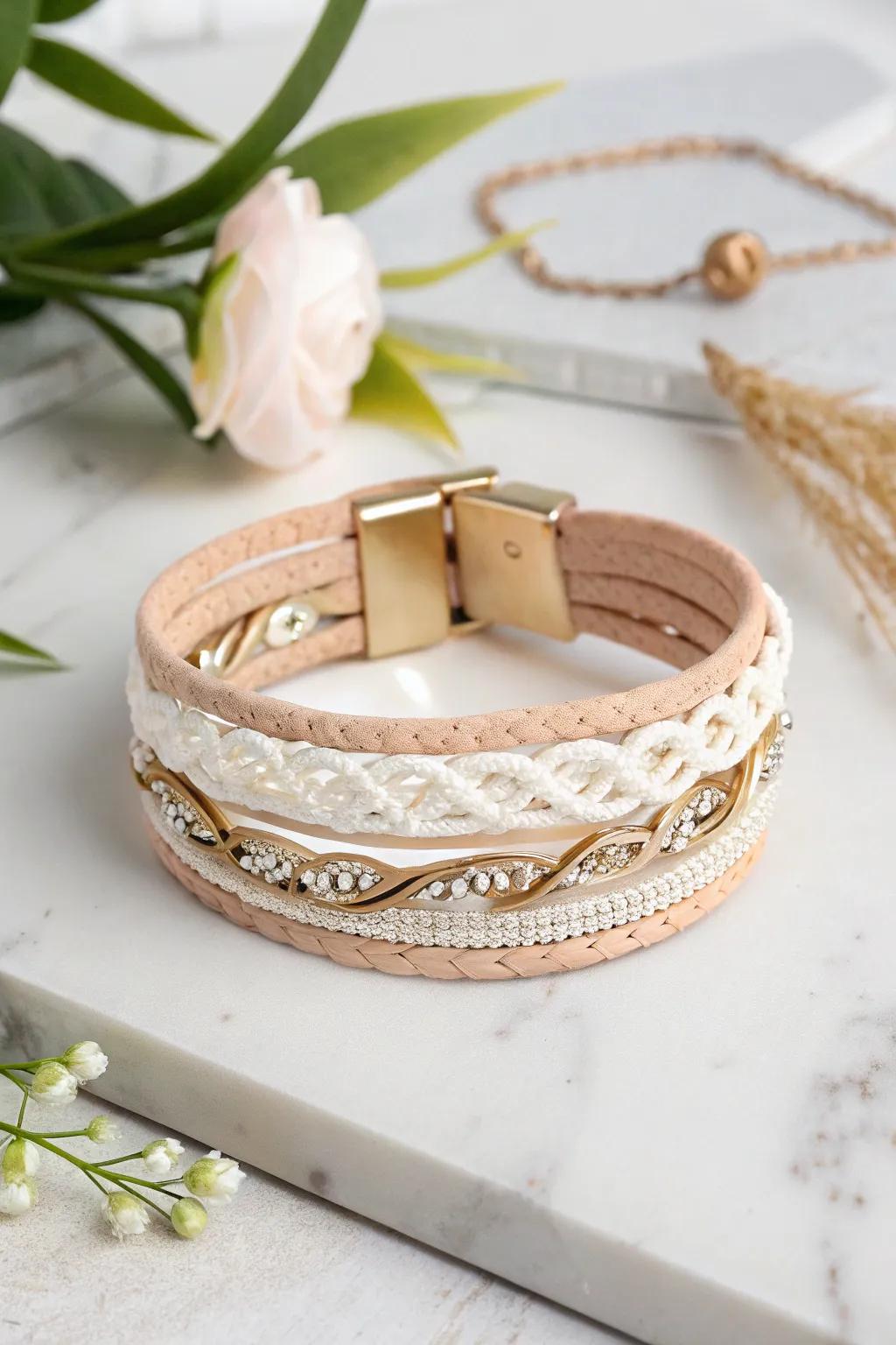 Elegance meets edge: Explore the charm of leather and ribbon in this stunning bracelet design.