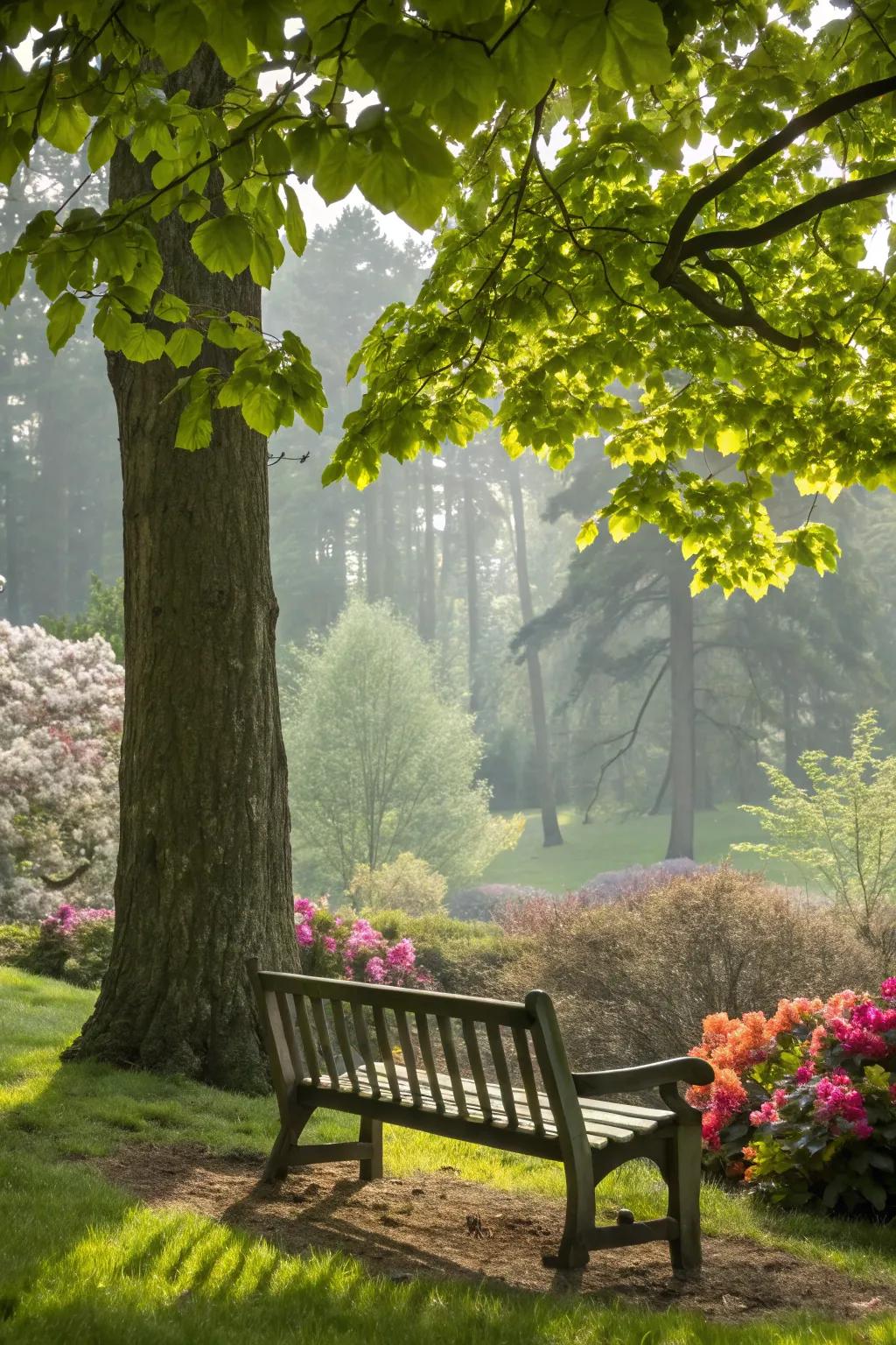 A wood seat gives a calm spot to relax in your garden.