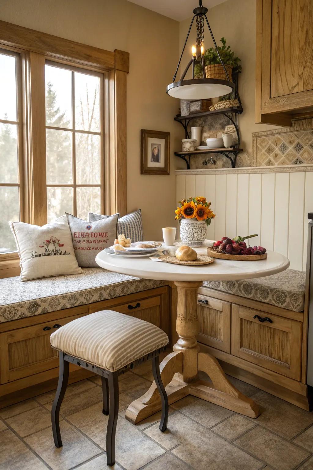 A cozy nook makes the kitchen a perfect gathering place.
