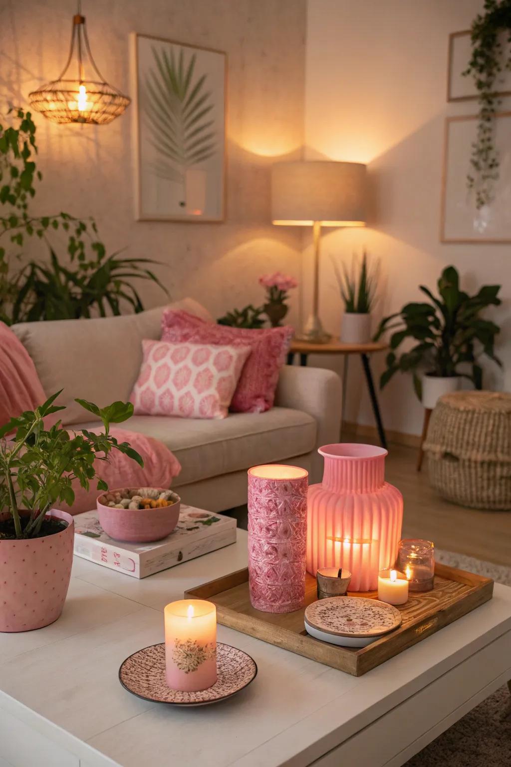 Rose-toned ambient lighting creates a cozy atmosphere.