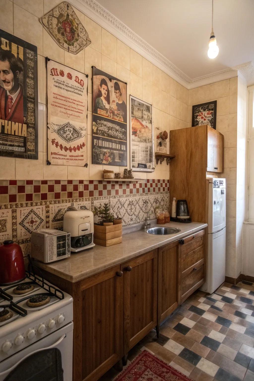 Retro font posters introducing vintage charm to a kitchen.