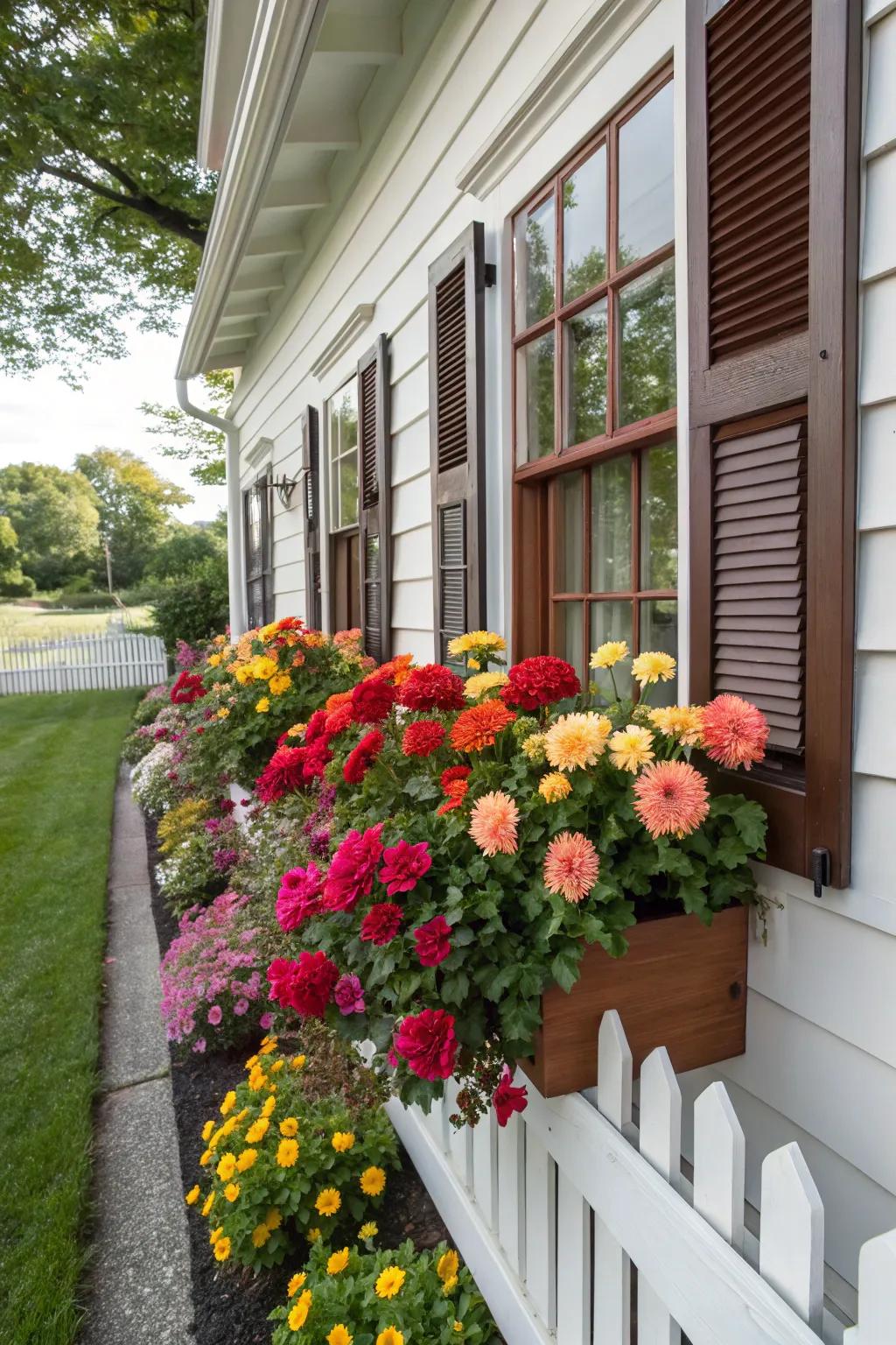 Window boxes overflowing with aster blooms.