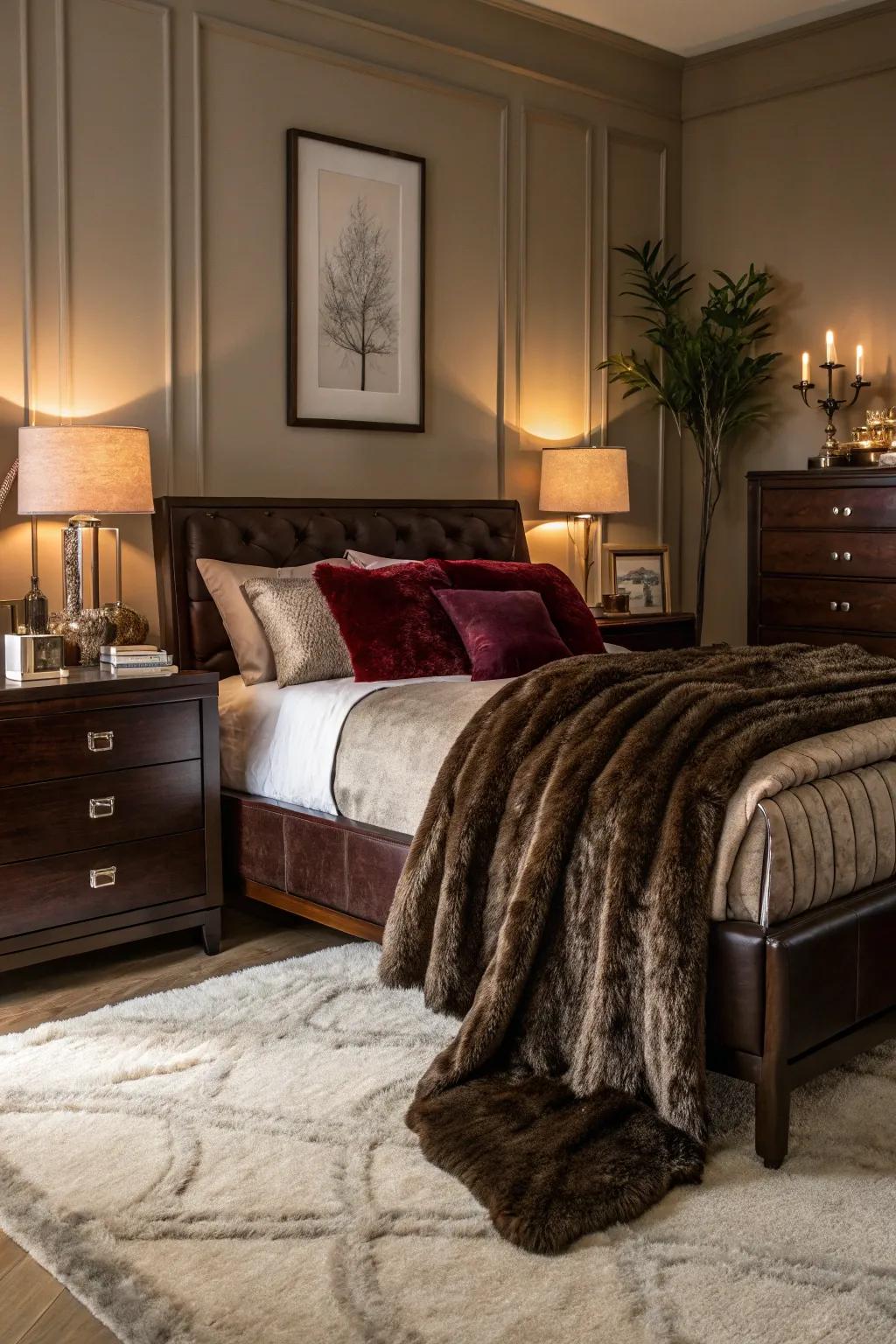 Plush fabrics lend warmth and class to deep brown environments.
