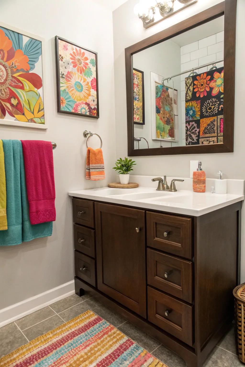 Colorful accessories bring life to a bathroom with a dark brown vanity.