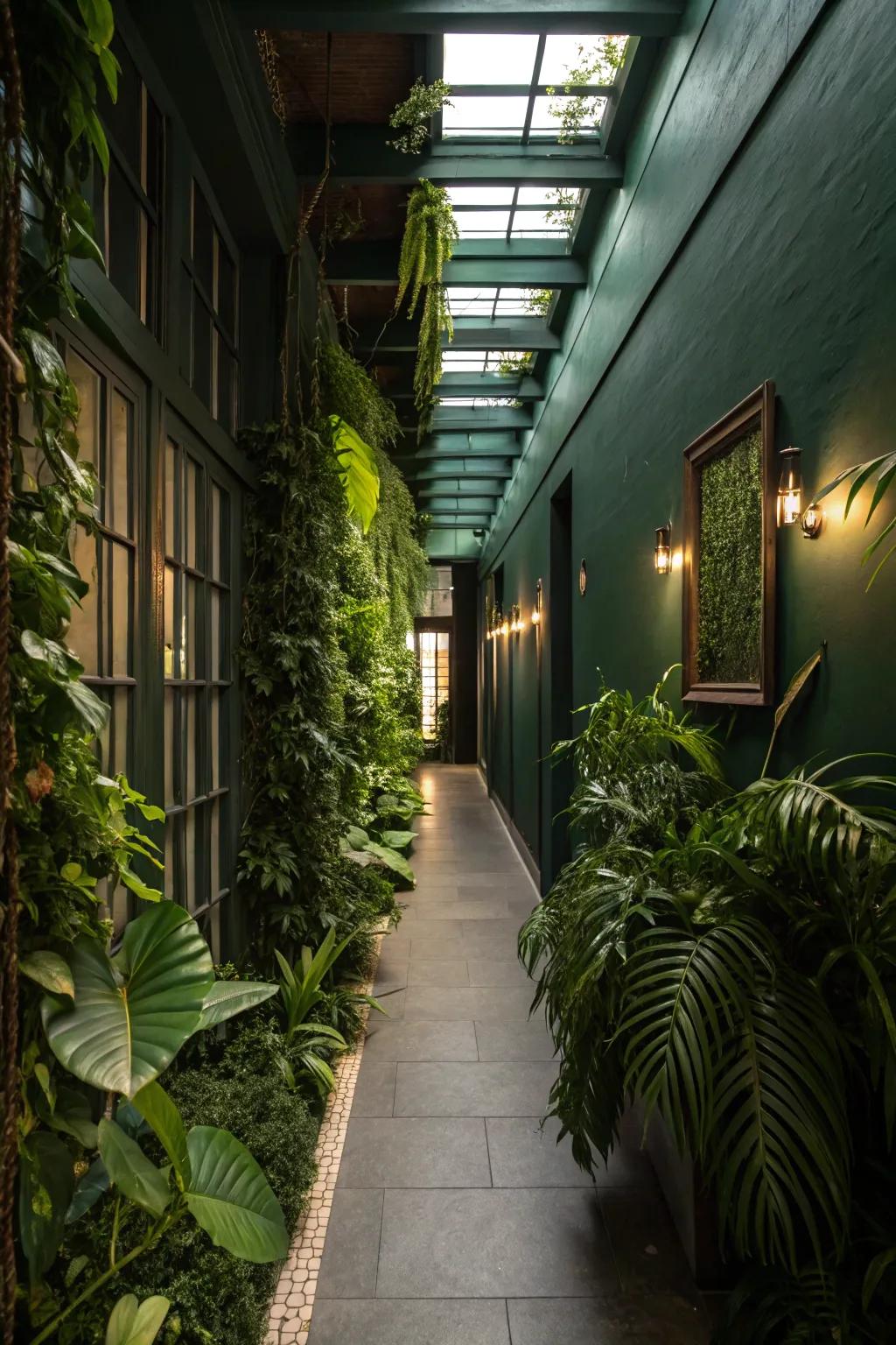 Greens add natural texture to this forest green hallway.