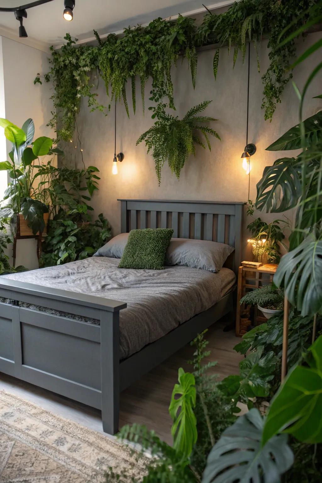 Greenery infuses vitality and contrast into a bedroom with a dark charcoal sleeping platform.