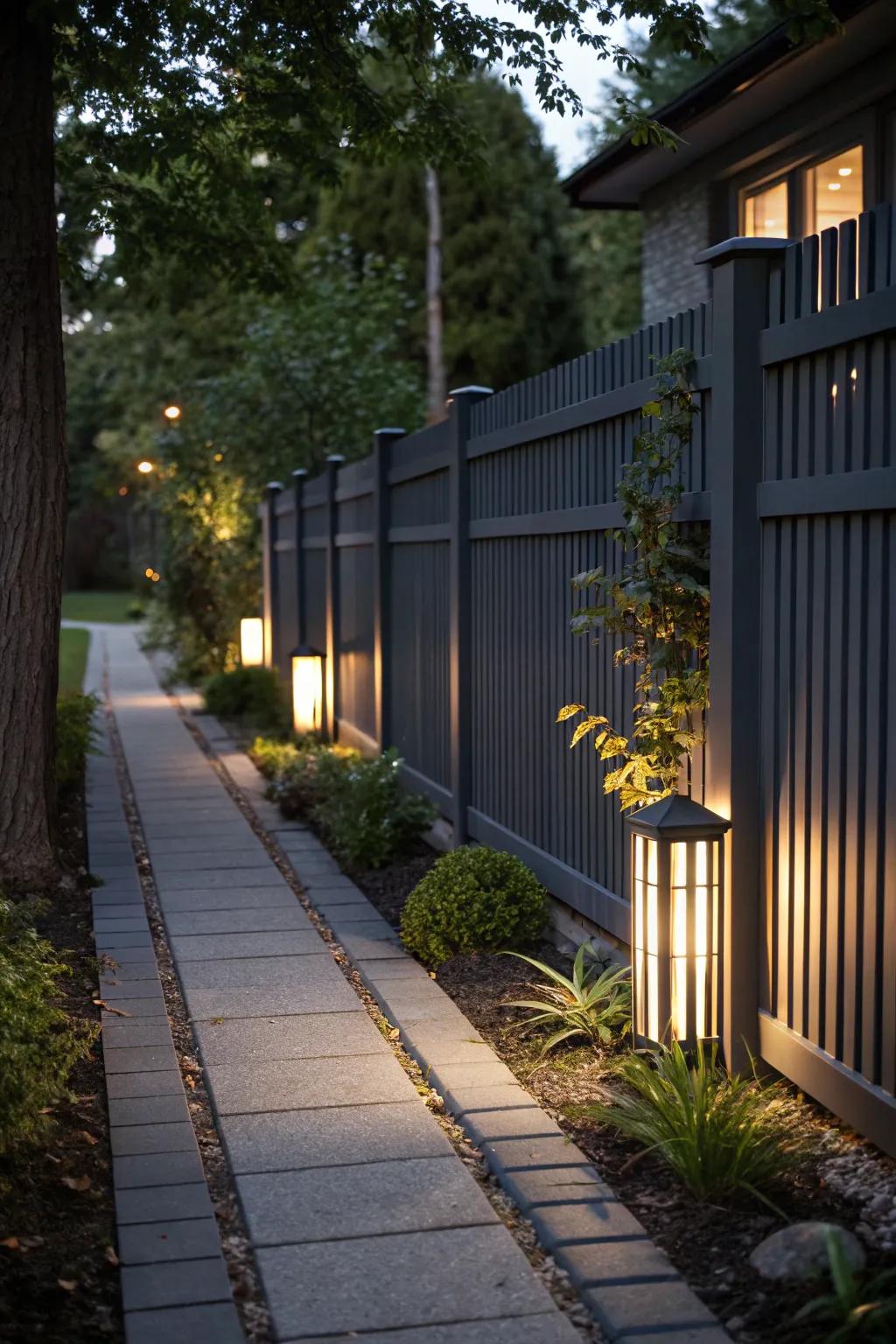 Outdoor lighting on a charcoal-toned enclosure creates enchanting light and shadow effects.