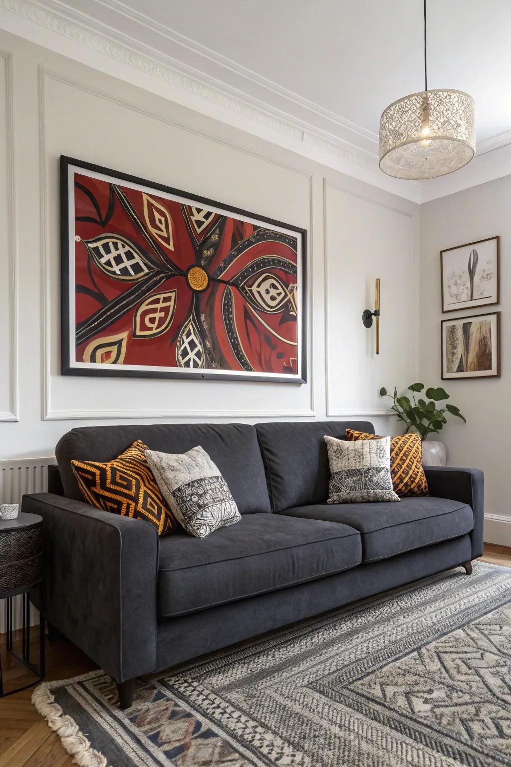 Striking art delivers an arresting core feature within a gray couch setting.