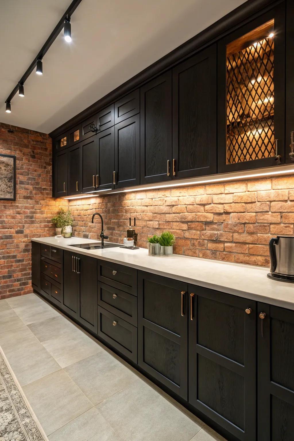 A textured brick backsplash adds depth and visual appeal to the kitchen.