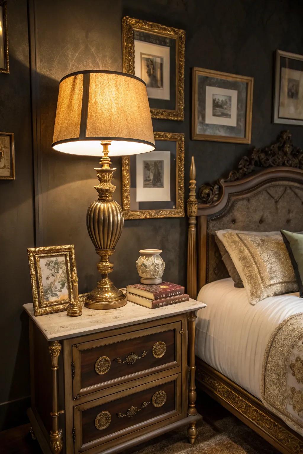 Gold highlights bring warmth and sophistication to a shadowy, old-fashioned bedroom.