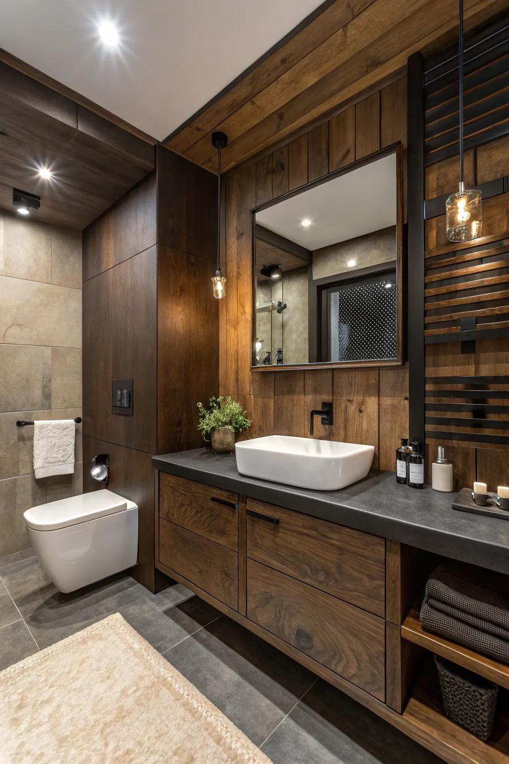 Modern plumbing fixtures provide a contemporary edge to this mahogany bathroom.