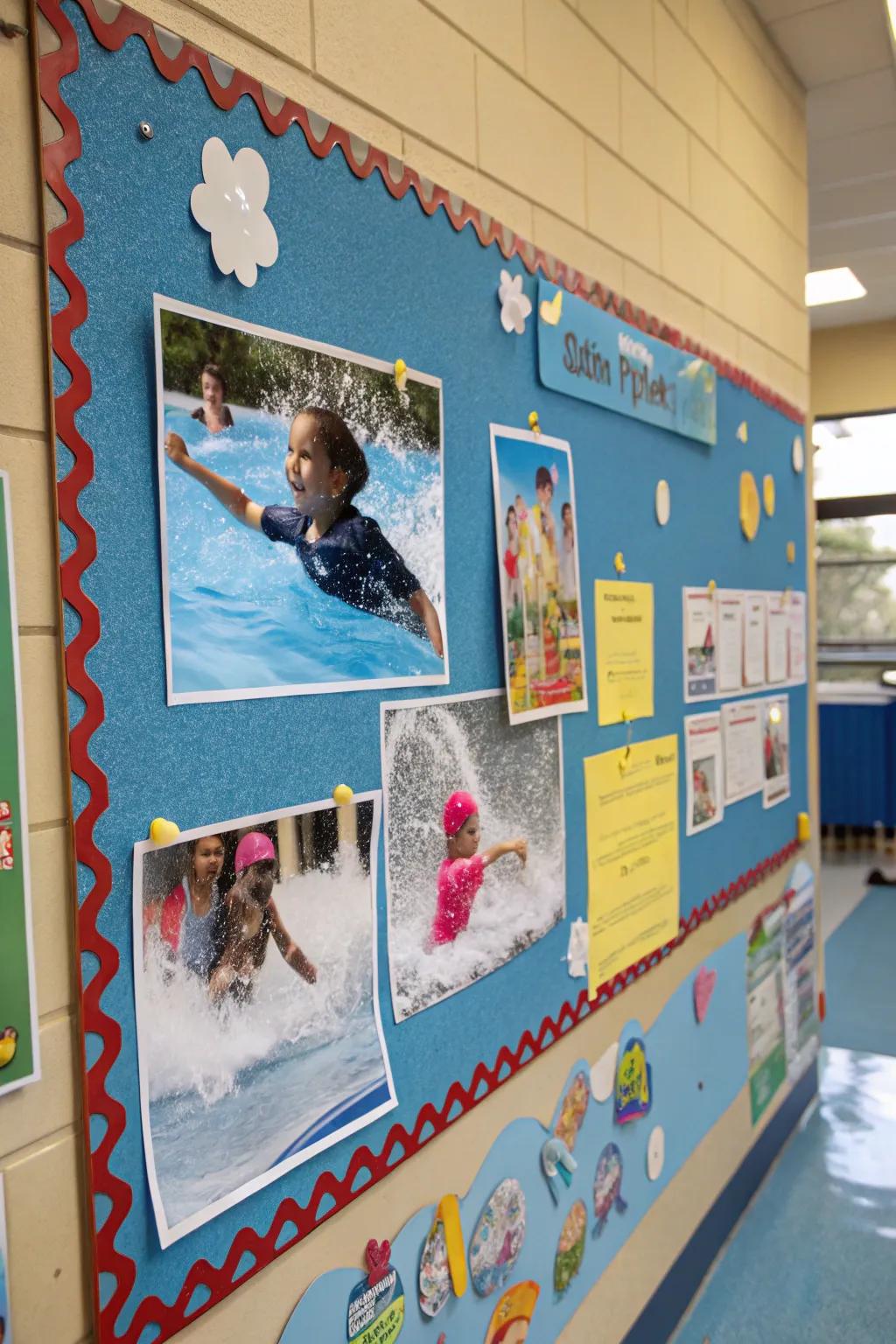 Splash into Summer bulletin board exhibiting water-related amusement.