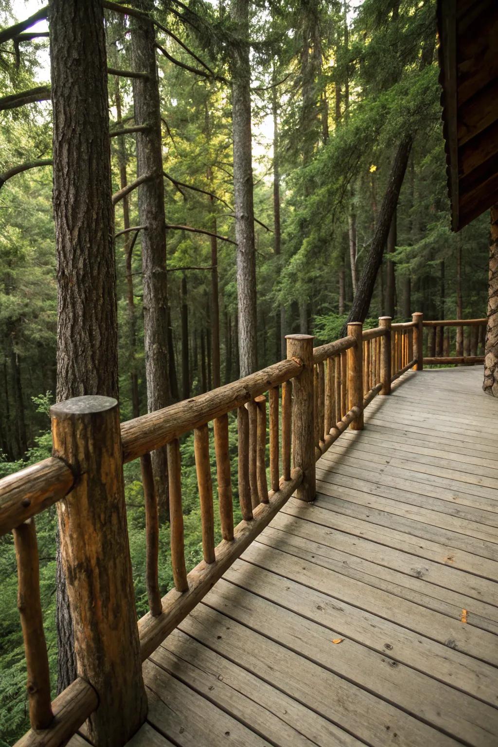 Rustic log railings provide a natural and woodsy allure.