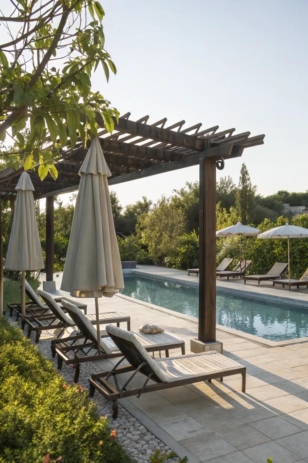 A refreshing poolside pergola retreat for ultimate relaxation.