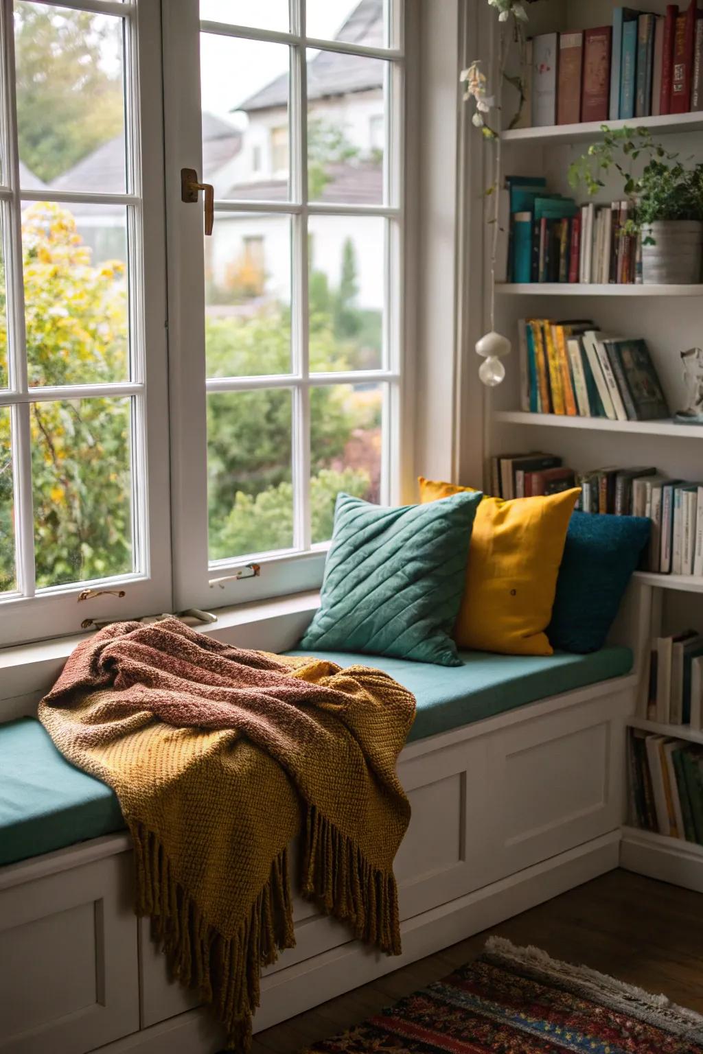 Window ledges accompanied by pillows present an impeccable haven for unwinding and reading.