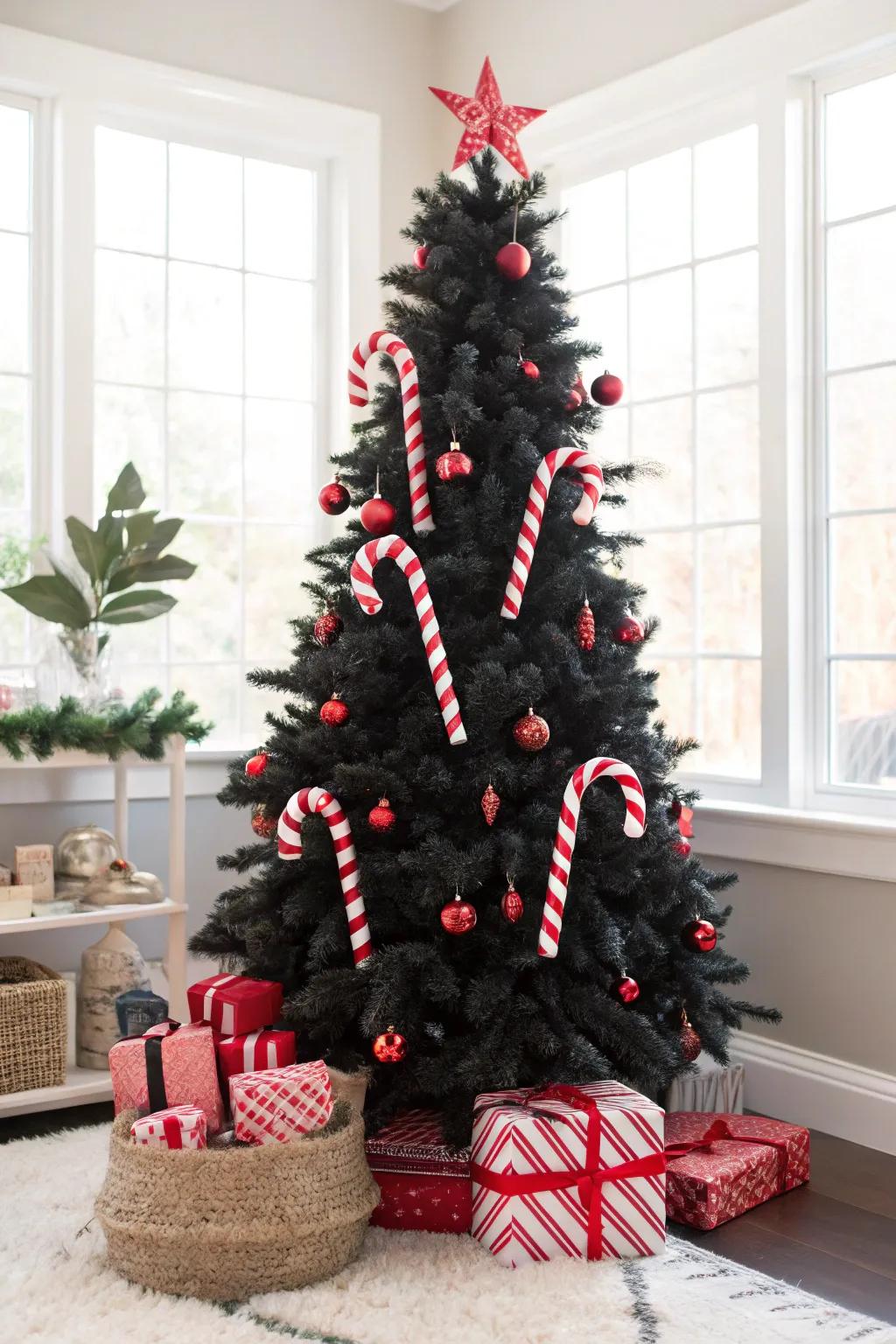 A whimsical charcoal tree with oversized ornaments.