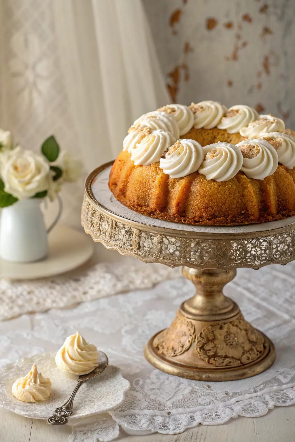 A ring cake exquisitely adorned with soft swirls of whipped topping.