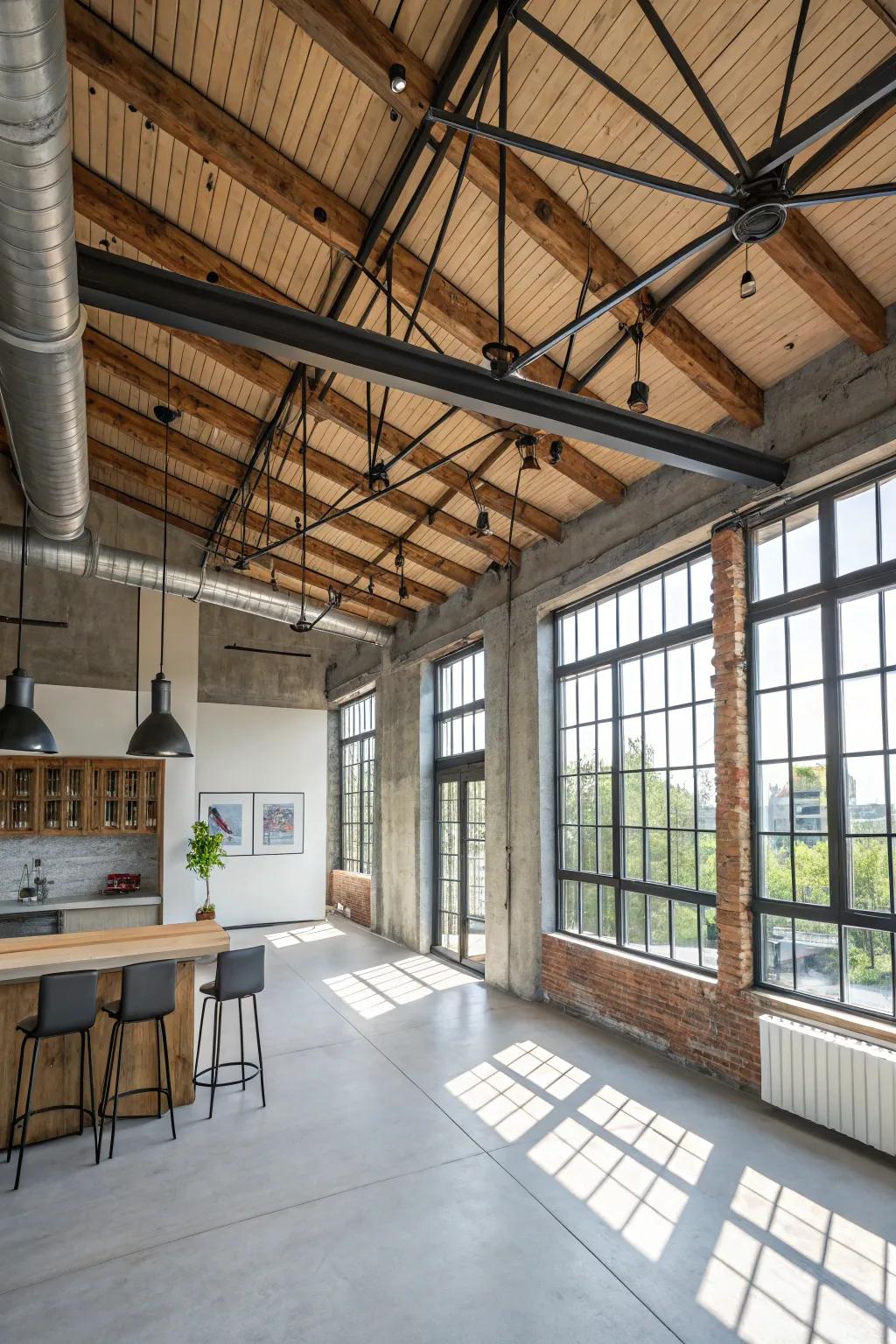 Mixing metal and timber beams crafts a modern urban vibe.