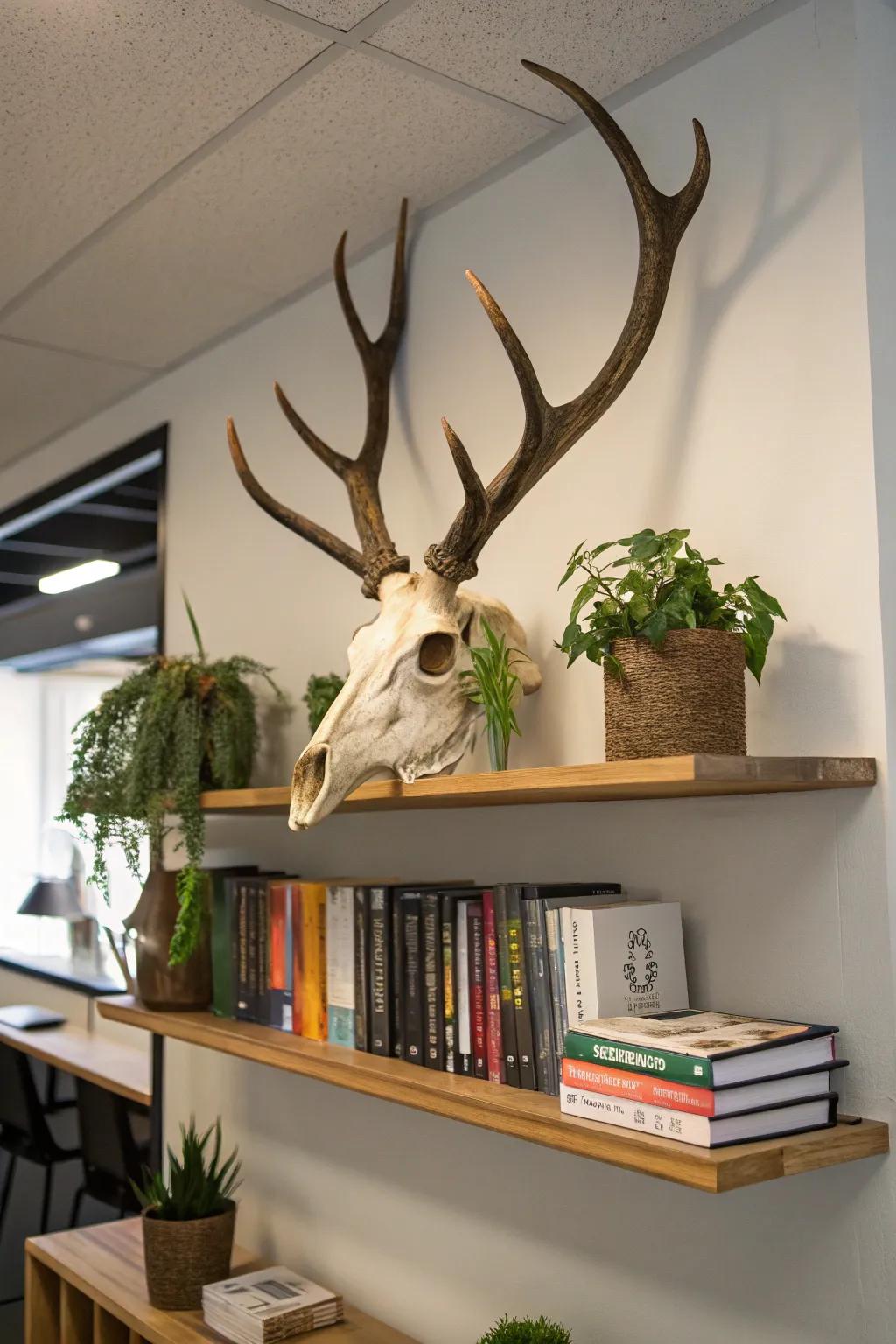 A suspended ledge configuration introduces dimension to a deer skull display.